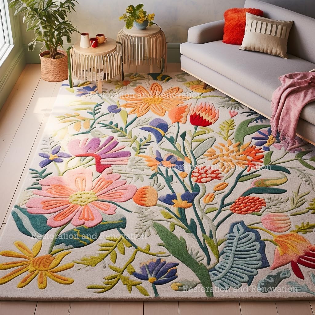 Restoration and Renovation Handmade Wool Floral Area Rug for Living Room | Elegant Flower Garden Design, Soft, Thick and Durable | Bedroom, Dining Room & Home Decor Carpet (5' x 8', Floral B)