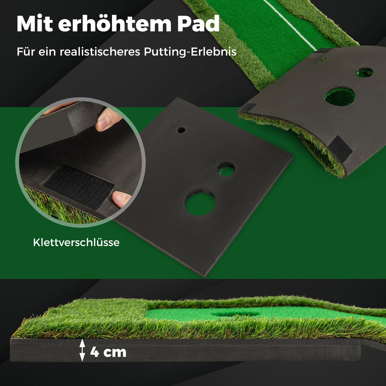 COSTWAY 300 x 50 cm Golf Puttingmatte, Putting Green mit 3 Golfbällen & 2 Lochgrößen, Trainingsmatte für Indoor & Outdoor, Übungsmatte faltbar für Büro, Garten & Terrasse