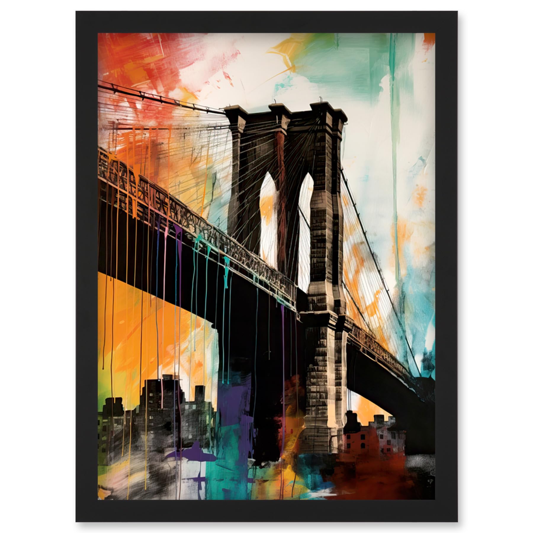 Artery8 Under the Brooklyn Bridge Multicoloured Cityscape Artwork Framed Wall Art Print A4
