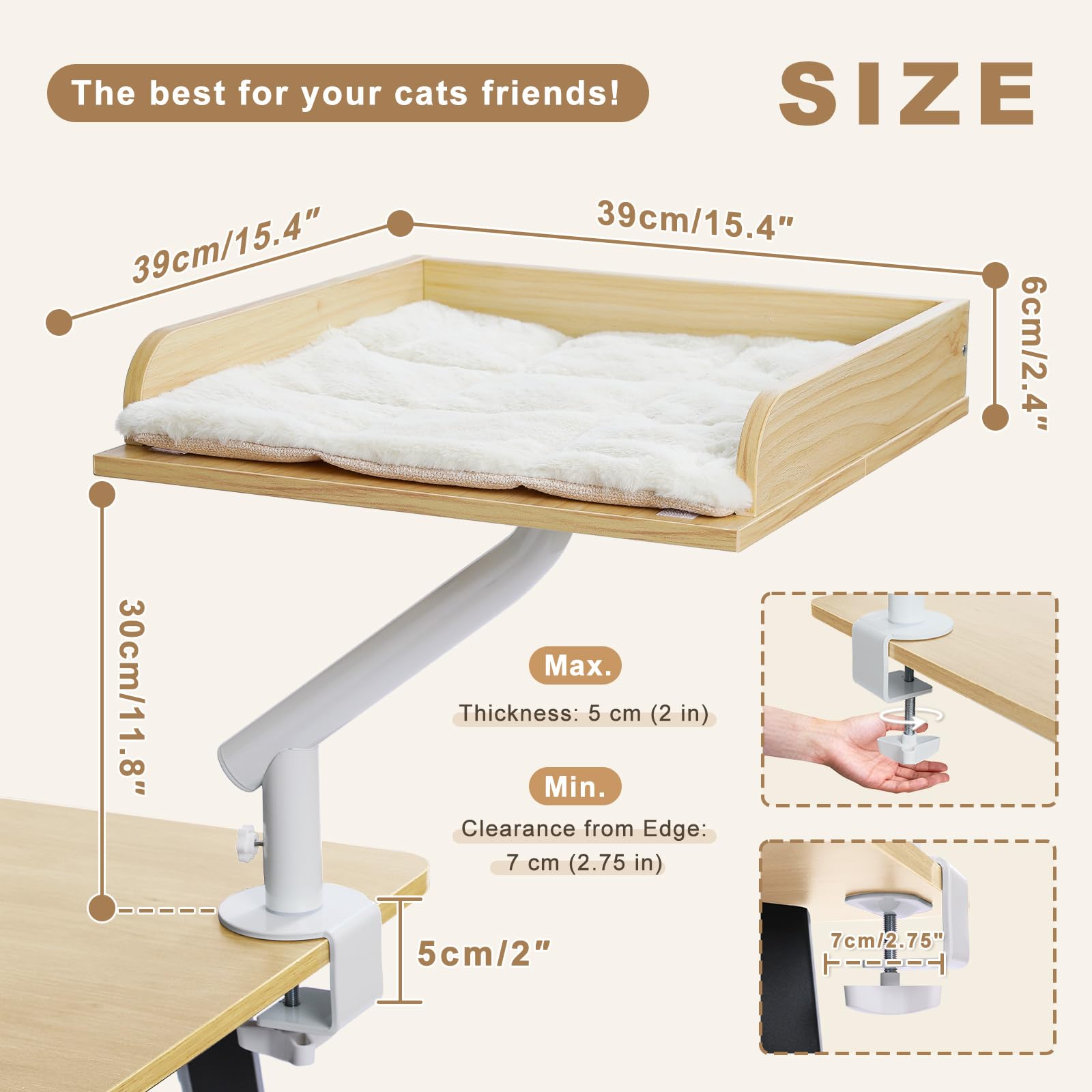 PAWZ Road Cama para gatos para escritorio, cama de madera para gatos, cesta para gatos, cesta para gatos giratoria 360° y altura ajustable, hamaca para gatos, para rascar, cama para gatos, soporta