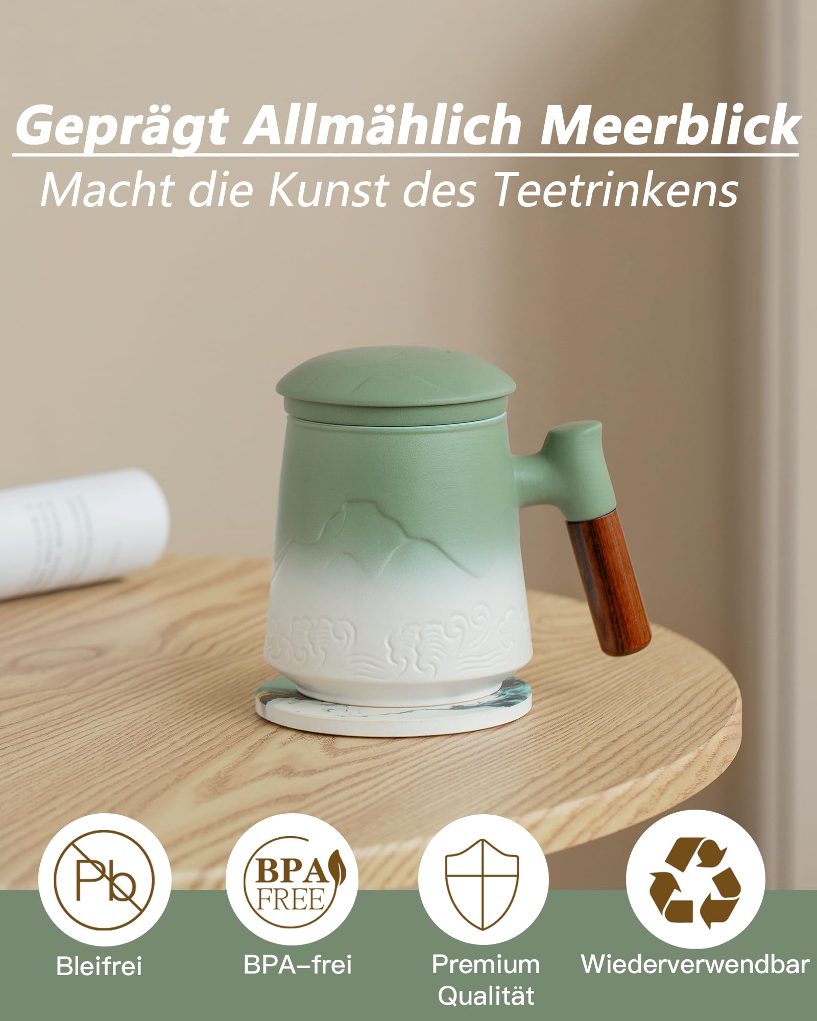 ZENS Teetasse mit Deckel und Sieb, 450 ml Große Holzgriff Teebecher mit Teesieb für Losen Tee, Geprägtem Keramik Teetassen und Untersetzer Set, Geschenke für Teeliebhaber, Moosgrün und Weiß
