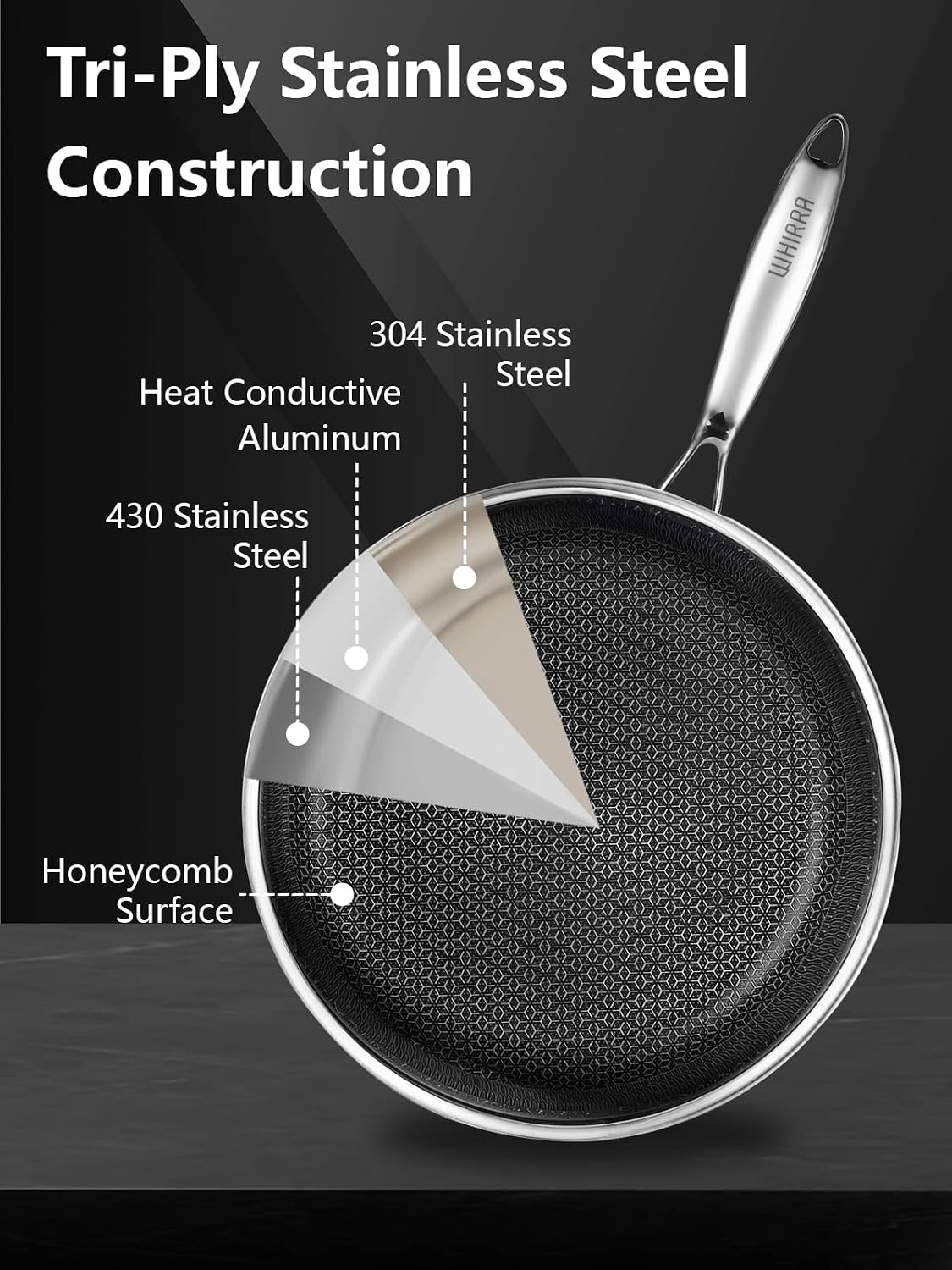 12" Hybrid Nonstick Frying Pan with Lid,Stainless Steel, PFAS-Free