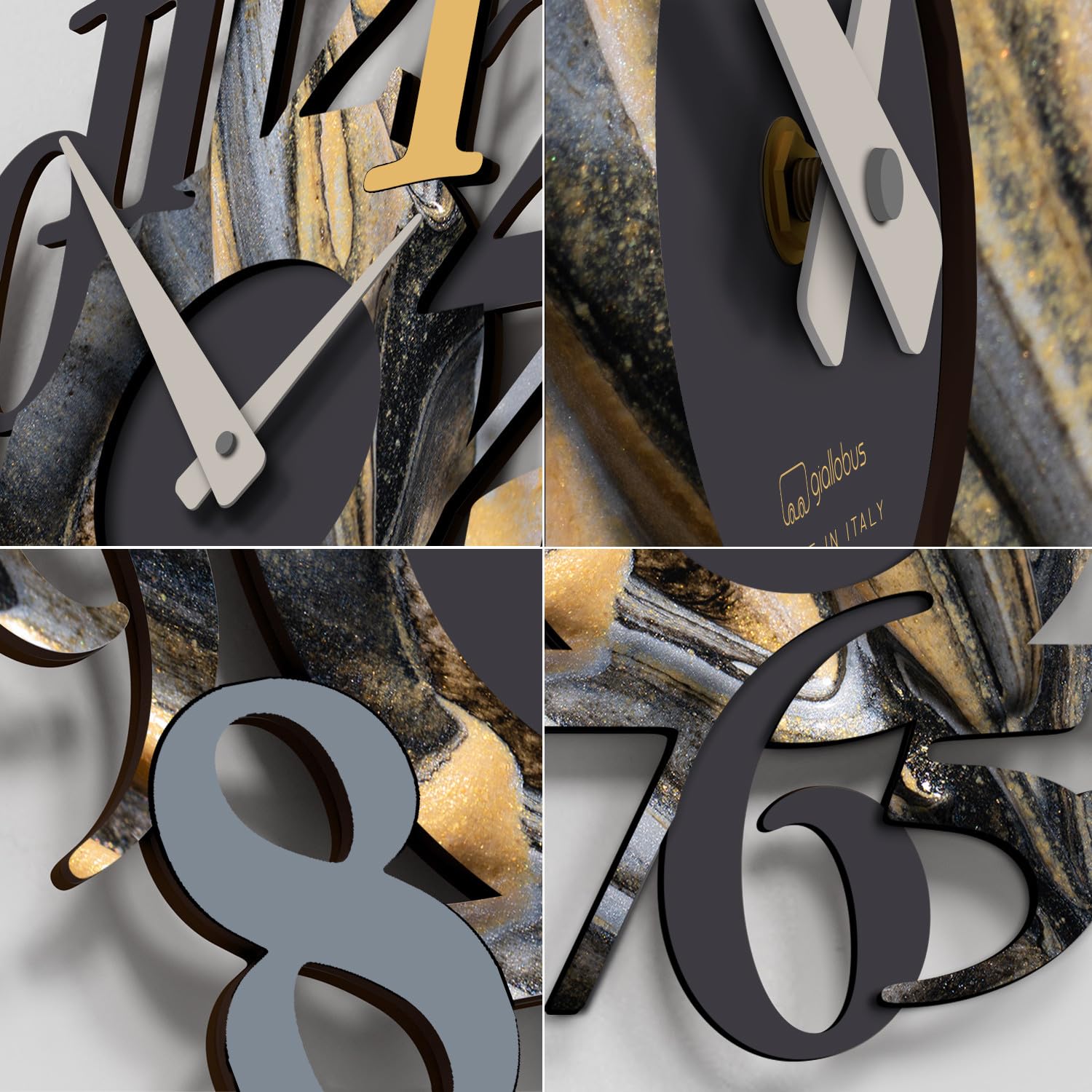 Giallobus - Premium-Uhr - Carved - MDF-Holz - Premium 30x30‎‎cm - 20 - Gold Marble - Italienisches Handwerk – geräuschlos – Geschenkidee – modern