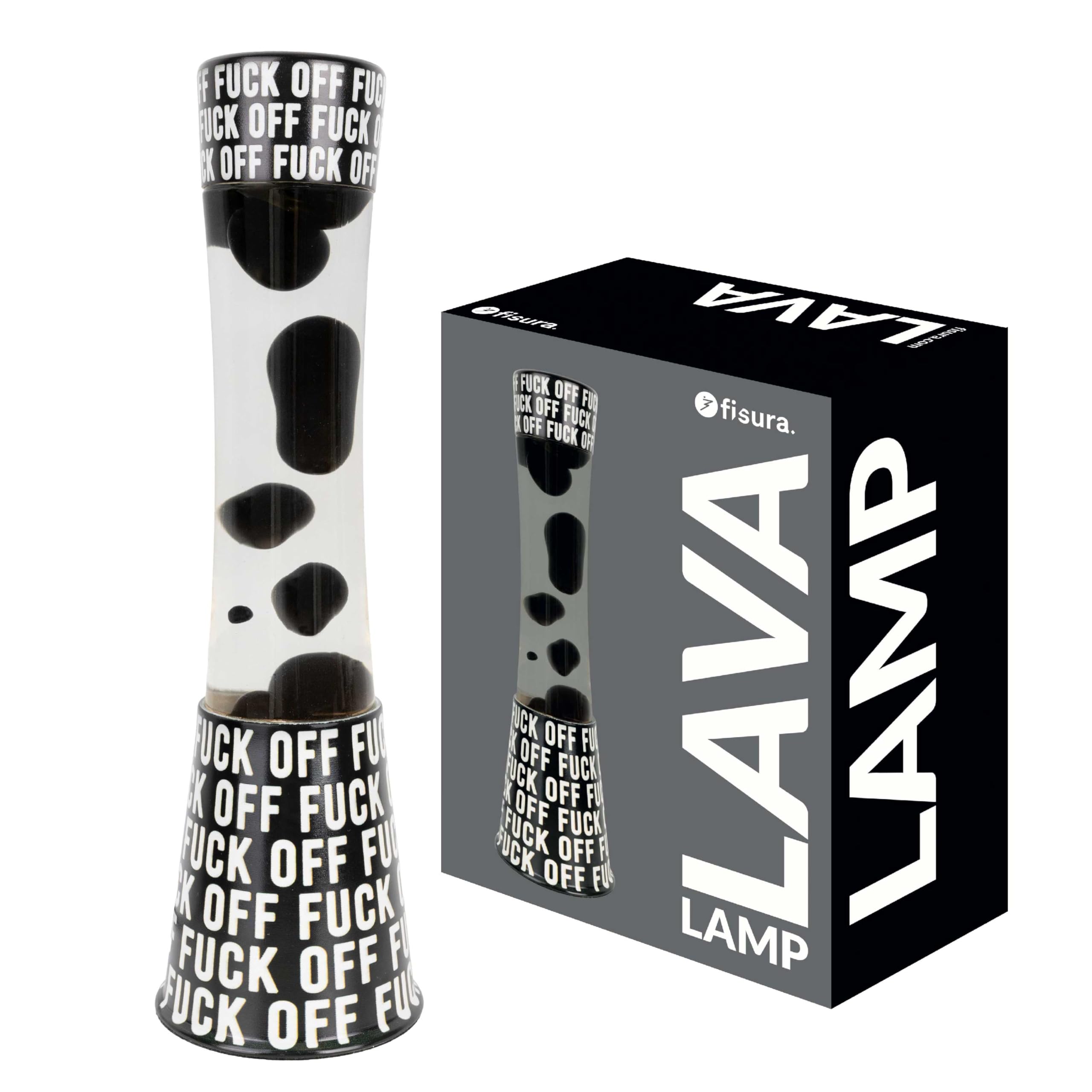 Fisura - Lampa lawa "f*ck off". Czarna podstawa z napisem, przezroczysty płyn i czarna lawa. Relaksujący efekt. Z zapasową żarówką. 11 cm x 11 cm x 39,5 cm.