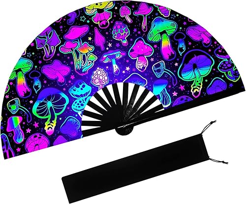 UV Glow Clack Handheld Fan with Fan Bag,Large Folding Hand