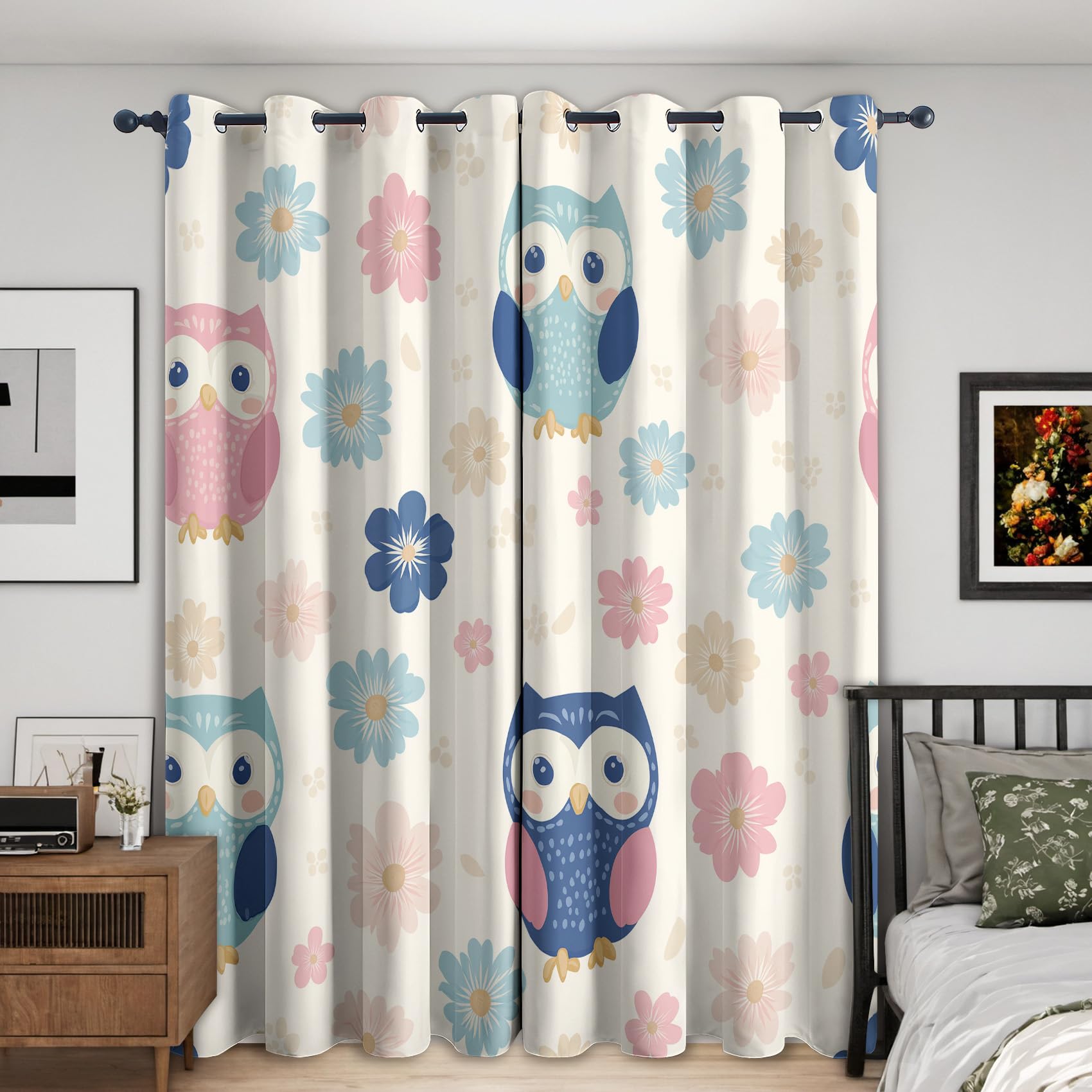 Cartoon Owl Curtains Blackout, 46x72 Inch 2 Panels - Cute Kids Flower Pattern Black Out Curtains, Home Decor, 72 Drop Eyelet Window Drapes for Bedroom, Living Room DH146