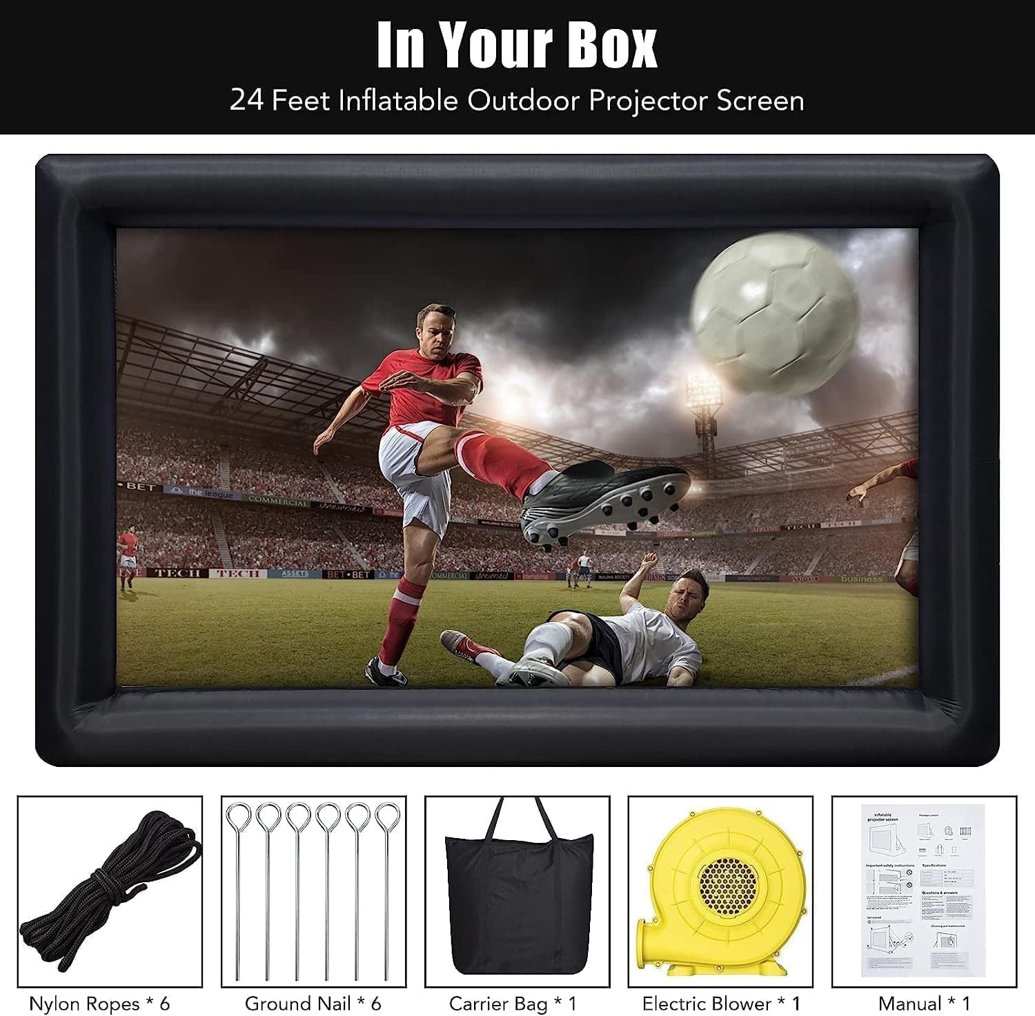 Garvee Inflatable Projector Screen, 24FT Portable Blow Up Outside Projector Screen, Front & Rear Projection, with Rope, Air Blower, Ground Nails and Carry Bag, for Football, Backyard, Theater