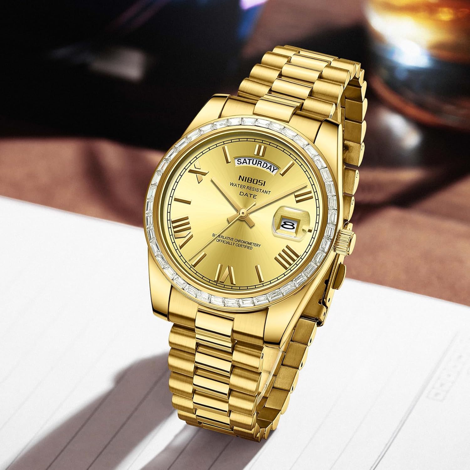 NIBOSI Men's Watches Analog Quartz Diamond Bezel Stainless Steel Dial Rose Gold Silver Watches for Men Waterproof Business Classic Dress Wrist Watch with Day Date - Image 7