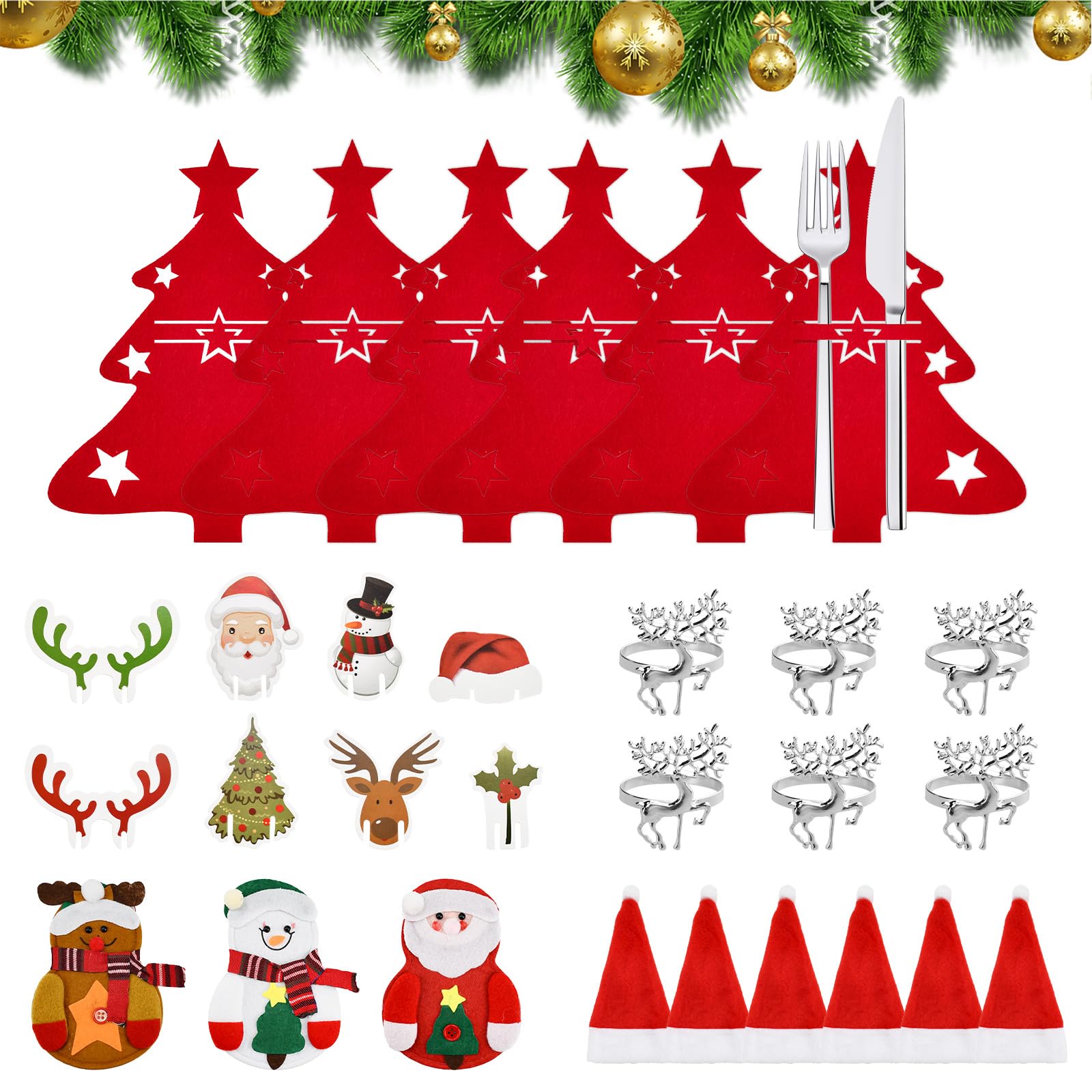 45PCS Decoración de Mesa Navidad Bolsas Cubiertos de Navidad Servilleteros Navideños Porta Cubiertos Navidad Sombrero Papá Noel Pequeño Marcadores para Copas de Vino Decoración Mesa Navideña