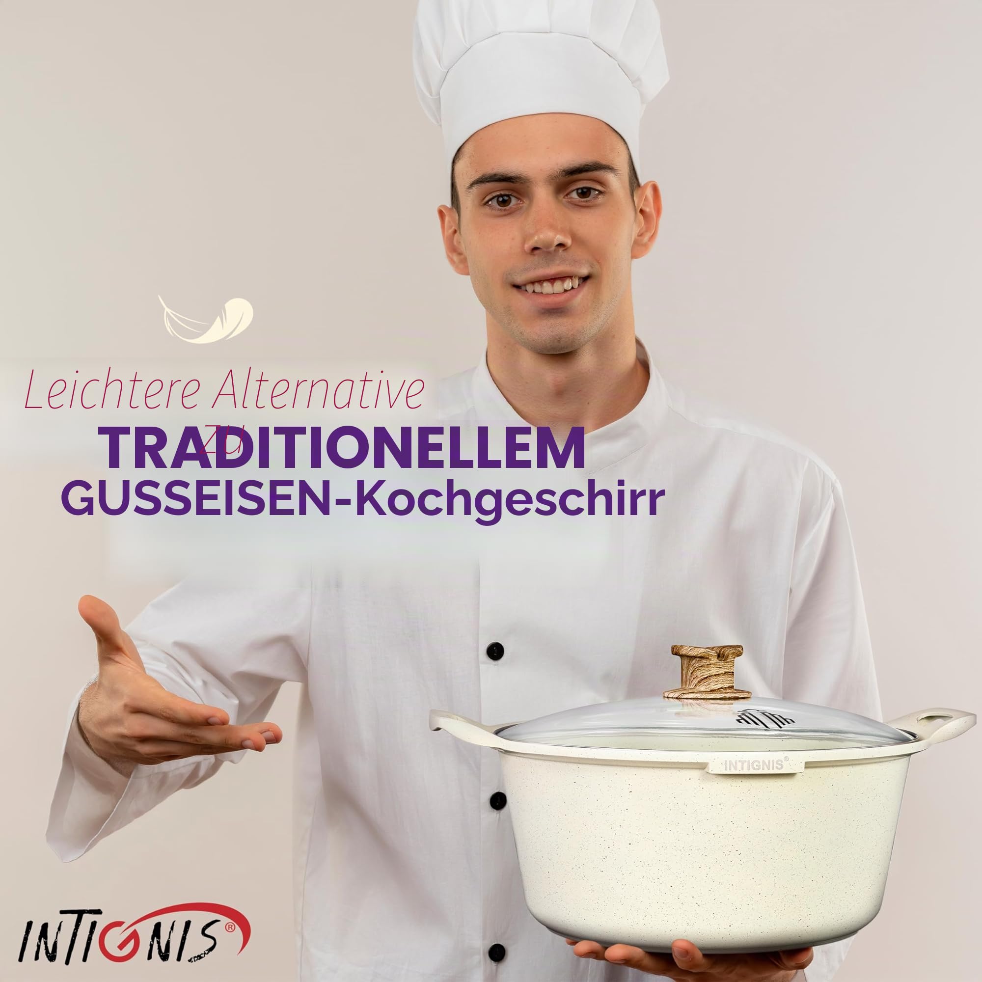 Premium Kochtopf beschichtet mit Glasdeckel – Kasserolle für alle Herdarten inkl. Induktion, schweres Aluminium, keramikbeschichtet, gesund & langlebig (Weiß, 10 Liter)