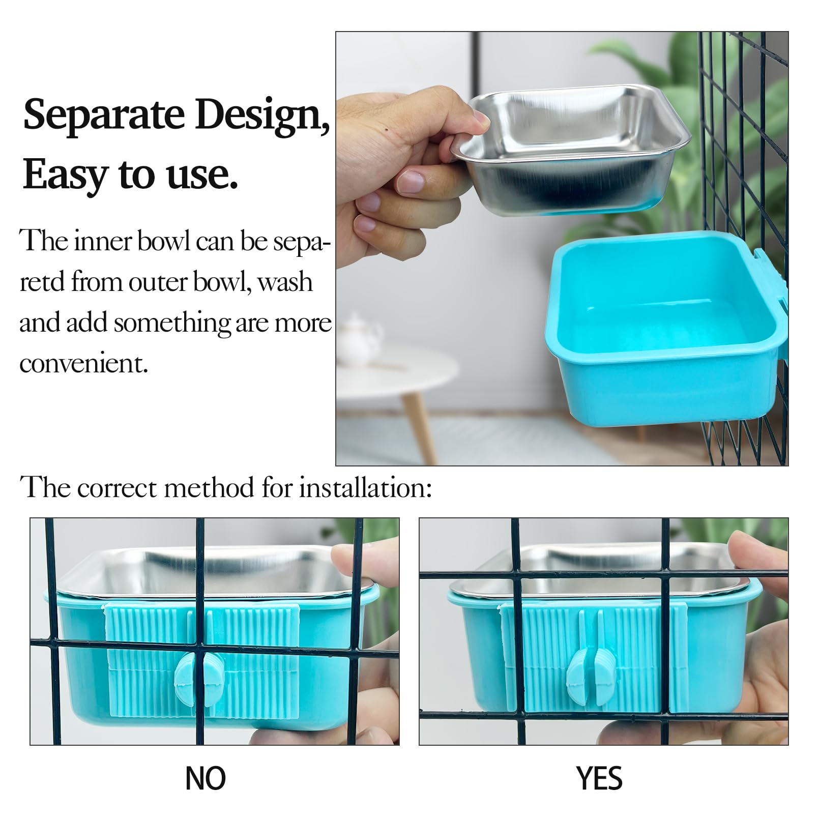 kathson Crate Dog Bowl, Removable Stainless Steel Hanging Pet Kennel Cage Bowl Food & Water Feeder Coop Cup for Puppy, Cat, Rabbit, Guinea Pigs 2pcs Small Square(Blue, Green) - image 6