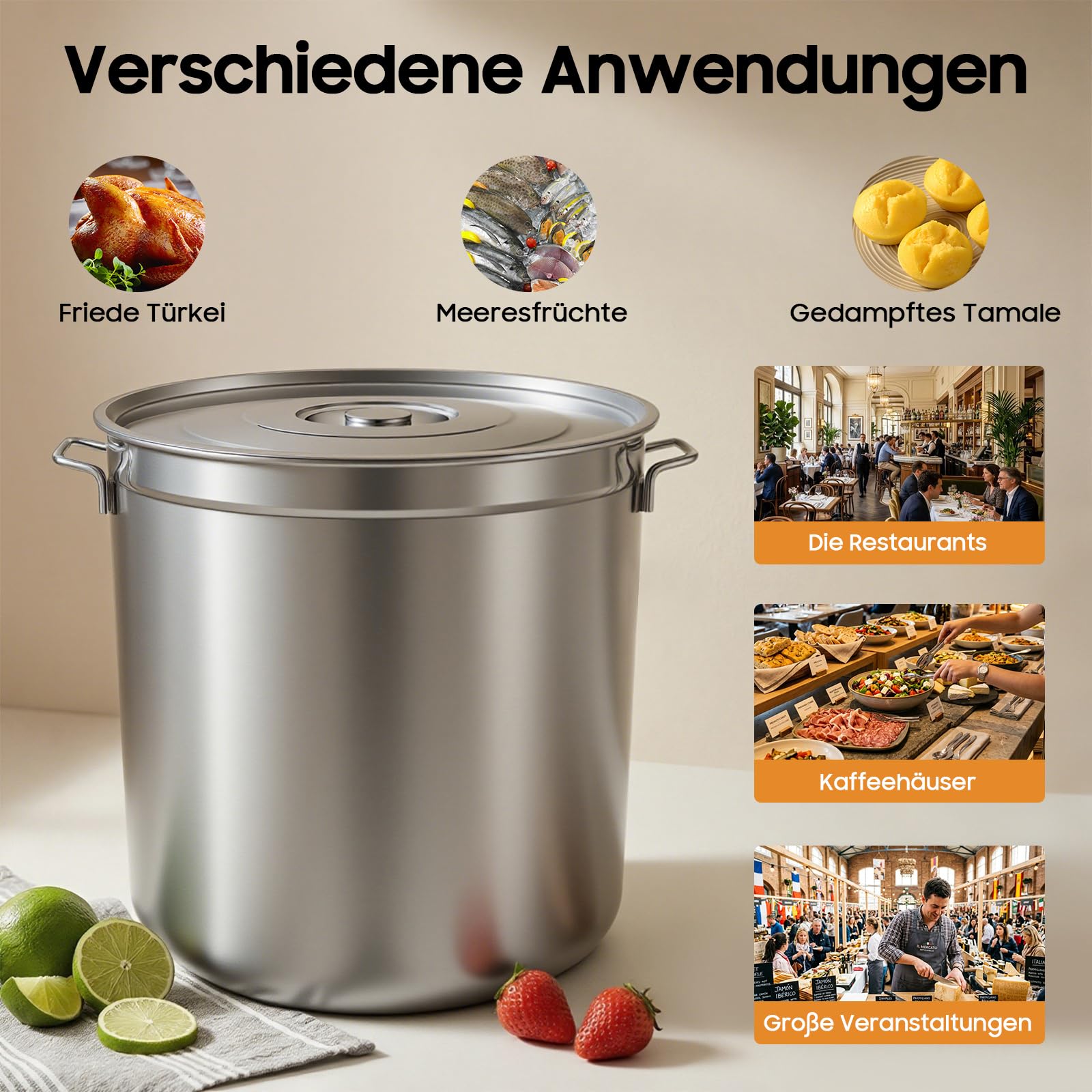 50L Edelstahl Kochtopf Großer Kapazität Suppentopf Universaltopf mit Siebeinsatz, Edelstahl Suppentopf für Eintopf & Braten, Silber