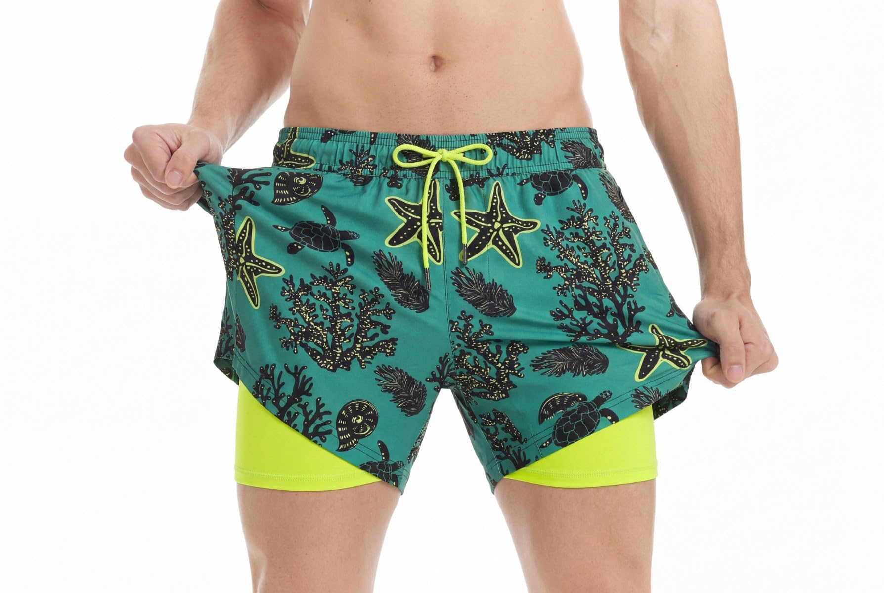 MaaMgic Herren Badehose mit Kompression Badeshorts 2 in 1|14cm Innenlänge Schnelltrocknend lässige Swim Shorts Kurz Boardshorts mit Innenhose Reißverschlusstasche XS-XXL
