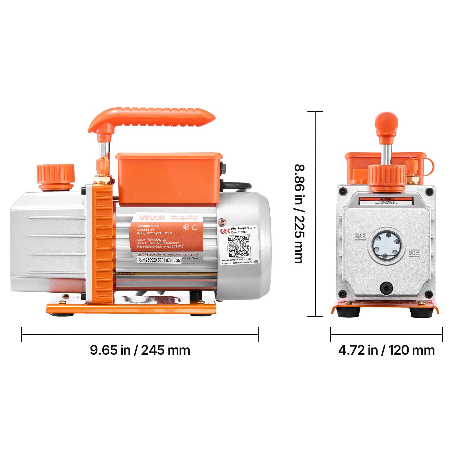VEVOR Set Pompa per Vuoto e Manometro AC 4,5 CFM 127 L/min, Pompa per Vuoto HVAC a Palette Rotanti Monostadio, Kit Manometro per R134a R22 R410a R1234YF R32, con per HVAC per Auto