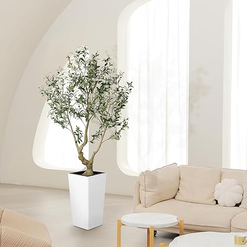 Miniatura 6 de Árbol de olivo sintético de 6 pies, olivos artificiales para interiores con maceta blanca alta y grande, olivo falso con tronco de madera natural y