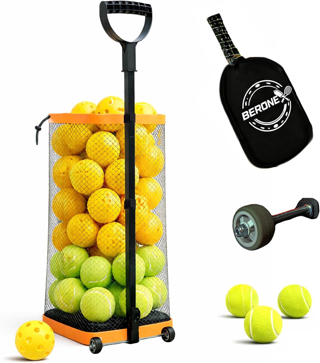 Rolling Tennis Ball Hopper & Picker Basket with Wheels, Holds 50+ Tennis Balls or 40+ Pickleballs, Lightweight Retriever Collector, Durable Easy Pick Up Ball Collector with Paddle Bag, Upgraded