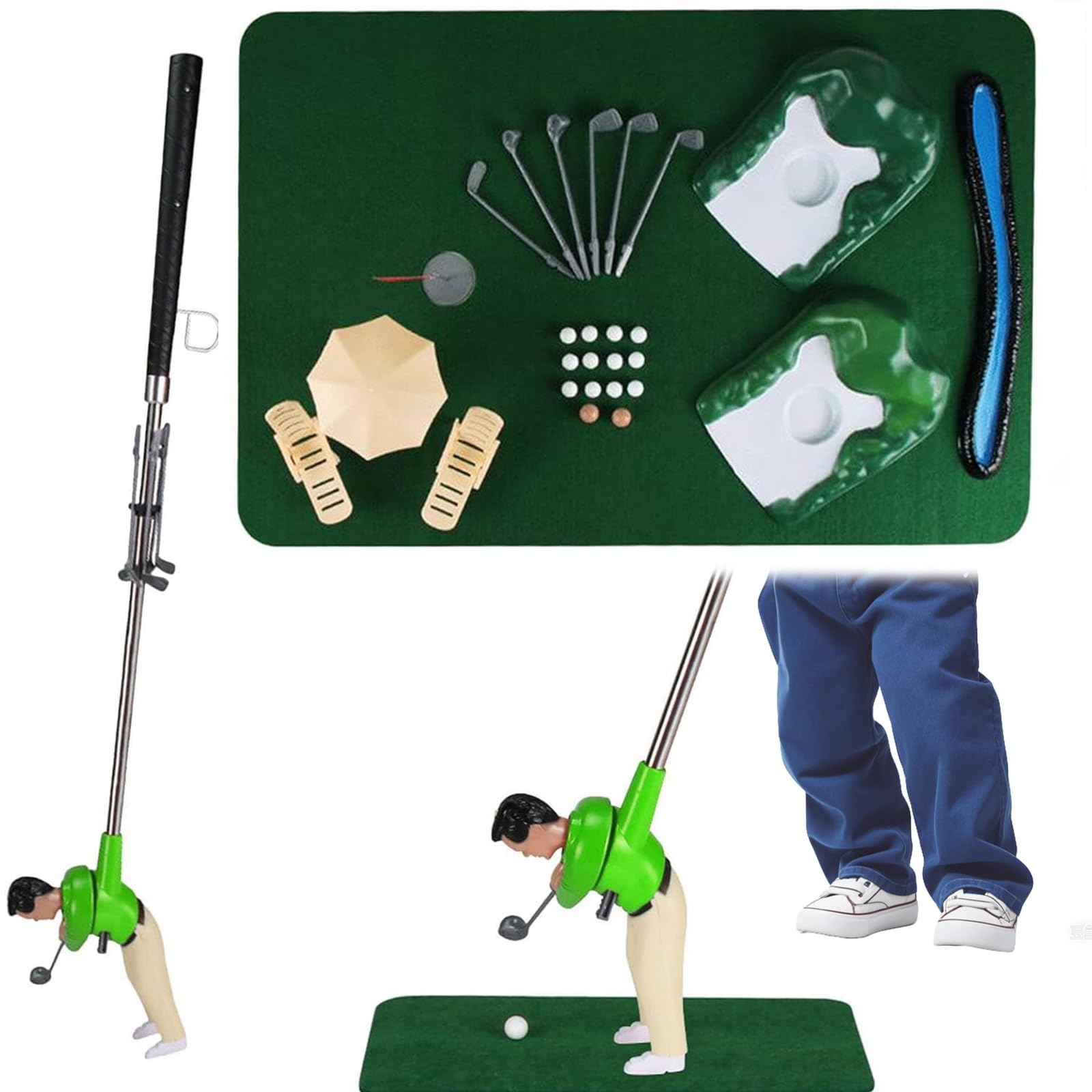 Mini Golf Game Set, Funny Tiny Golfer Golf Game, Fun Tabletop Putting Game with Tiny Golfer, Indoor & Outdoor Mini Golf Toy, Practice Putting Mat, Family Sports Game Gift for Kids (Green)