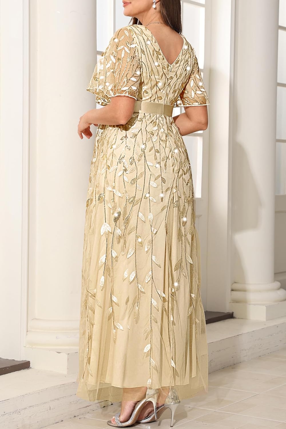 Pinup Fashion Plus Size Formal Dresses - Evening Gowns Sequin Embroidery V-Neck Prom Long Dress with Slit - Image 5