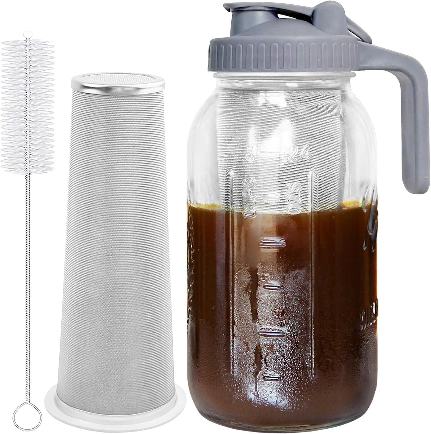 HiBREW Cold Brew Coffee Maker Jar - 64oz Thick Glass Multipurpose Mason Pitcher Spout Lid with Handle & Stainless Steel Filter for Iced Coffee, Lemonade, Ice Tea, Homemade Fruit Drinks Container