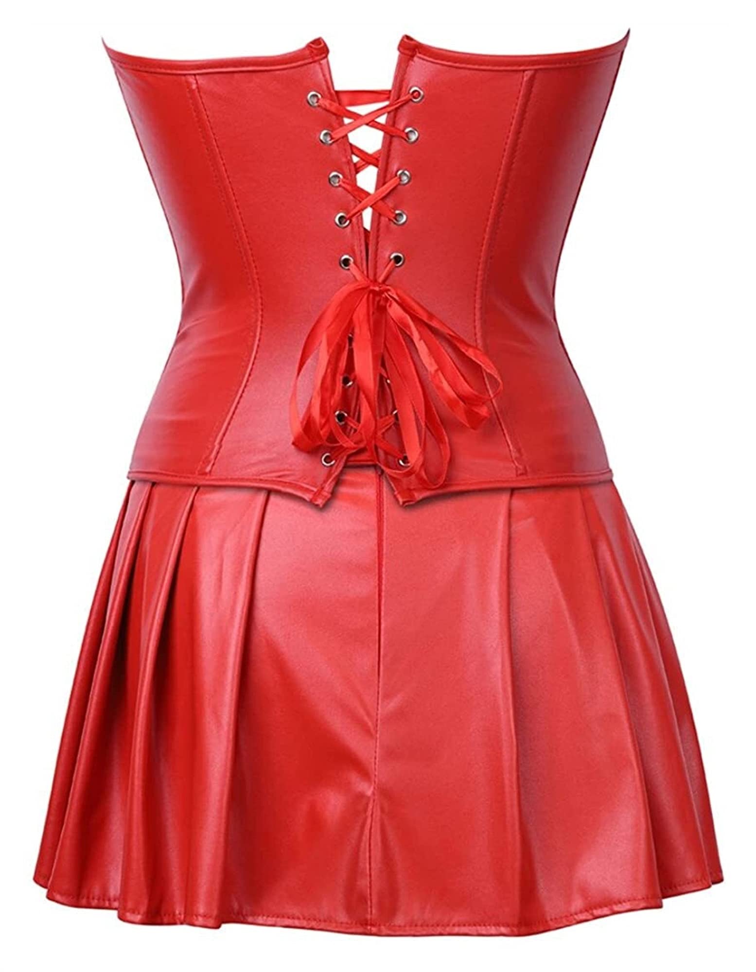 Corset en simili cuir punk rock pour femme avec jupe rétro goth ceinture cincher basque bustier, Rouge, L