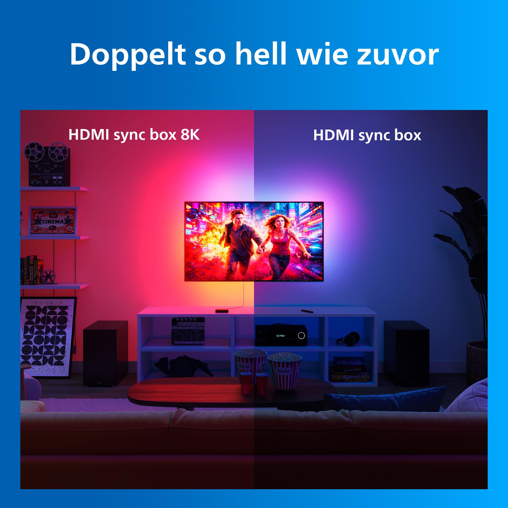 Philips Smart Lighting HDMI 2.1 Sync Box 8K mit TV-Hintergrundbeleuchtung, 55–65 Zoll, RGBIC LED-Lightstrip, Schn. Bildwiederh., Anpassb. Licht, Einf. Install., TV, Film, Games, HDMI-Eing. Erforderl.