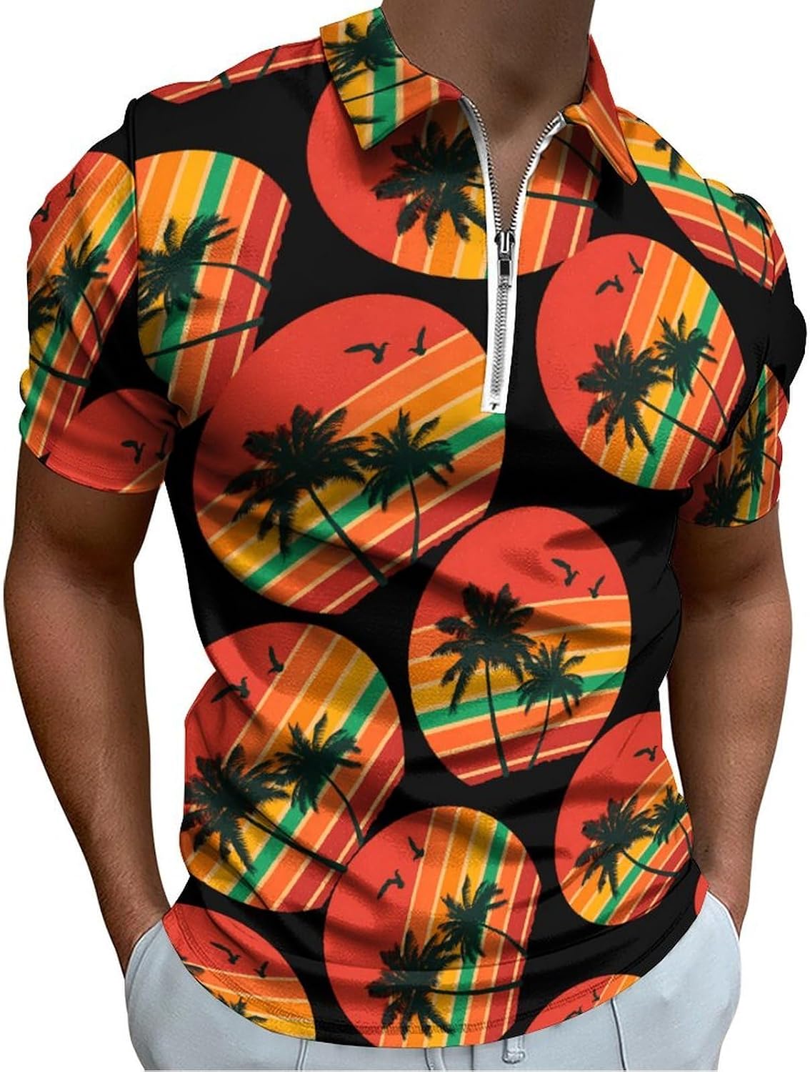 Vintage Coconut Tree Men's Polo Shirts Golf Short Sleeve Tops | Casual Workout,Golf T-Shirt,Zippered Tee,Collared,Print