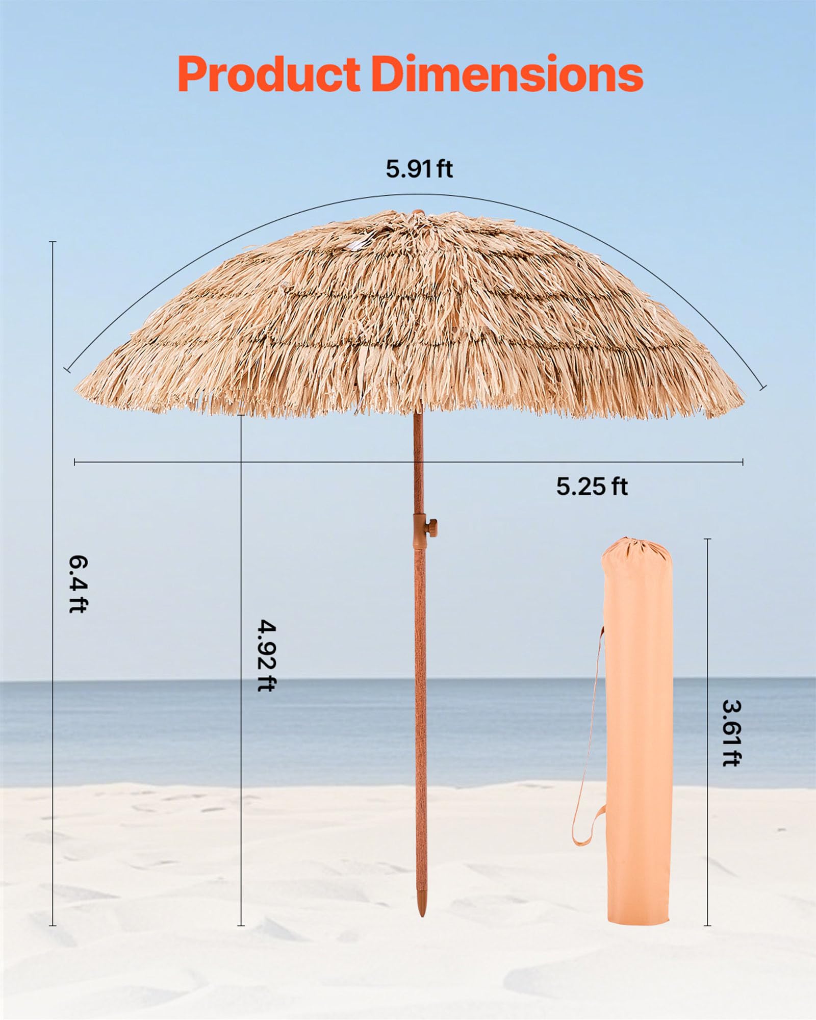 VEVOR Ombrello in paglia Hawaii, 2 m, inclinabile, ombrellone da spiaggia con paglia PP e 8 barre in metallo, ombrellone da giardino, ombrellone da mercato, ombrellone da terrazza, bordo piscina