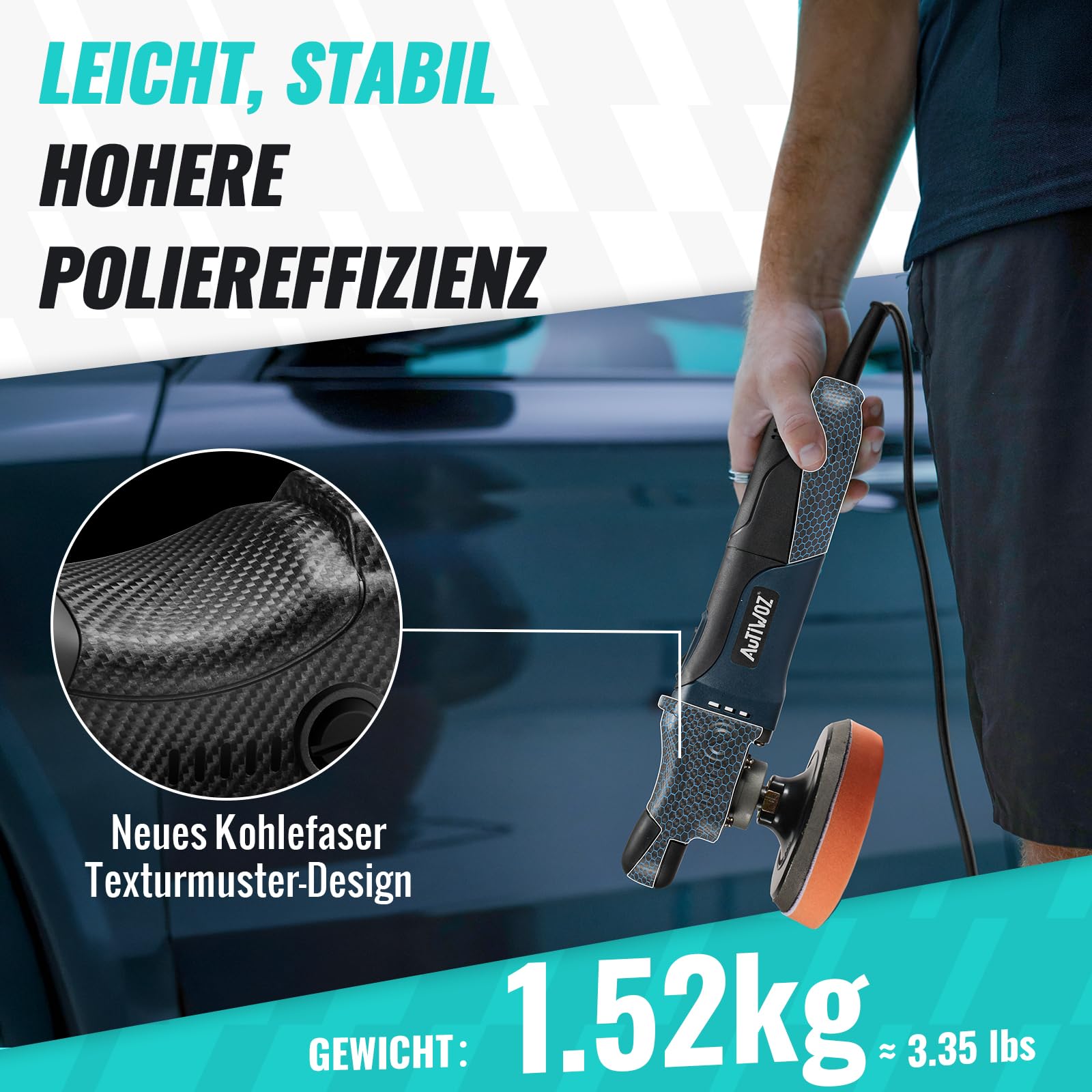 Mini Poliermaschine Auto, AUTIWOZ 630W Polierer mit 6 Variable Geschwindigkeit 2500-4500 RPM, Seitengriff, 100mm/125mm Polierschwamm/Wollscheibe/Schleifpapier, zum Polieren von Auto