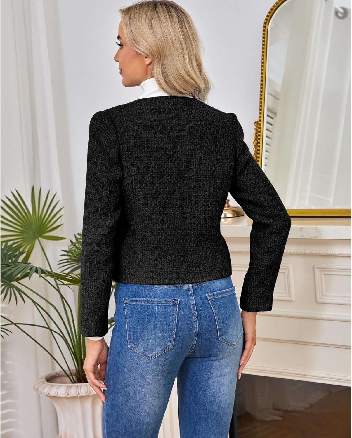 Women's Tweed Blazers Jackets Casual Long Sleeve Button Down Business Short Casual Cropped Coats - Image 5