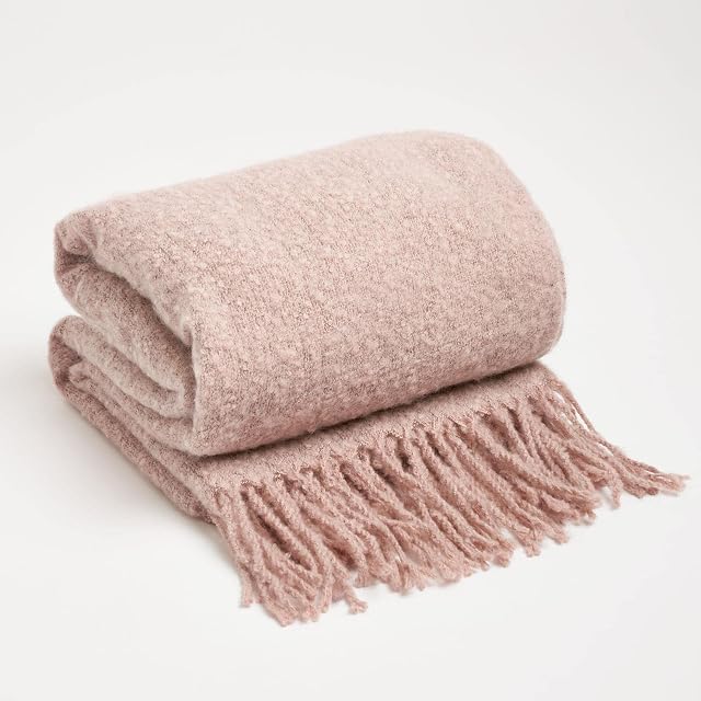 Highams Boucle Tassel Knit Fringe Throw Decorative Warm Fleece Sofa Lightweight Bed Blanket, Blush Pink - 150 x 200cm