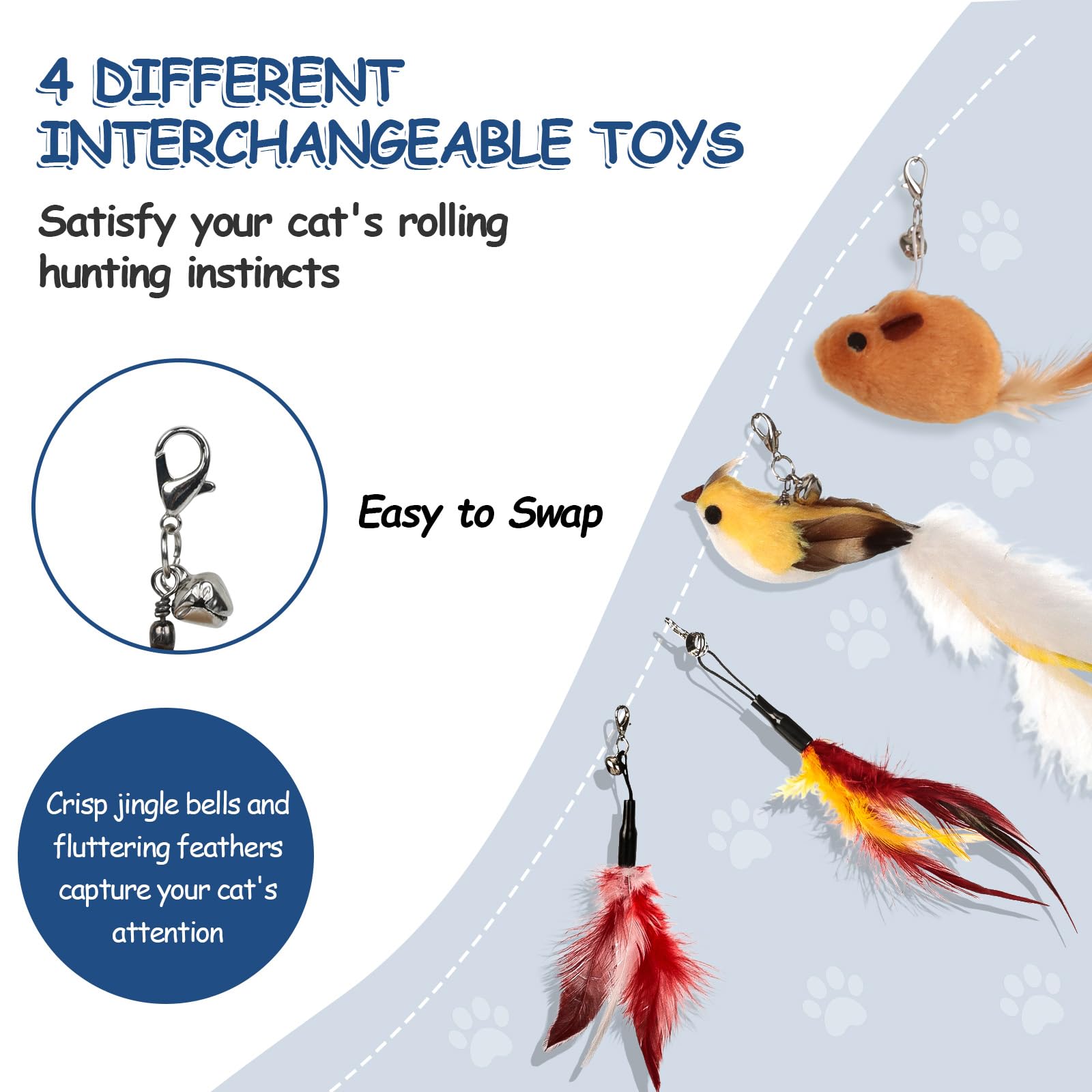 VINATO Canna da Pesca per Gatti con Asta Telescopica, Giocattolo Interattivo con 4 Testine (Uccellino con Campanello, Topo, Piume), Giochi per Gatti da Interno per Stimolare l'Istinto di Caccia