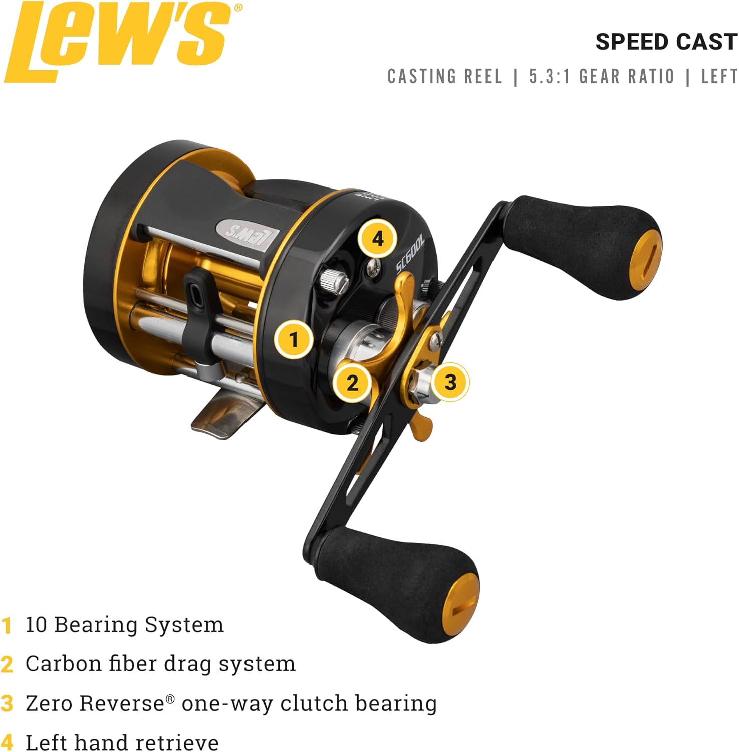 Lew's Speed Cast Conventional Fishing Reel, 5.3:1 Gear Ratio, Aluminum Frame, Premium 5 Stainless Steel Ball Bearings