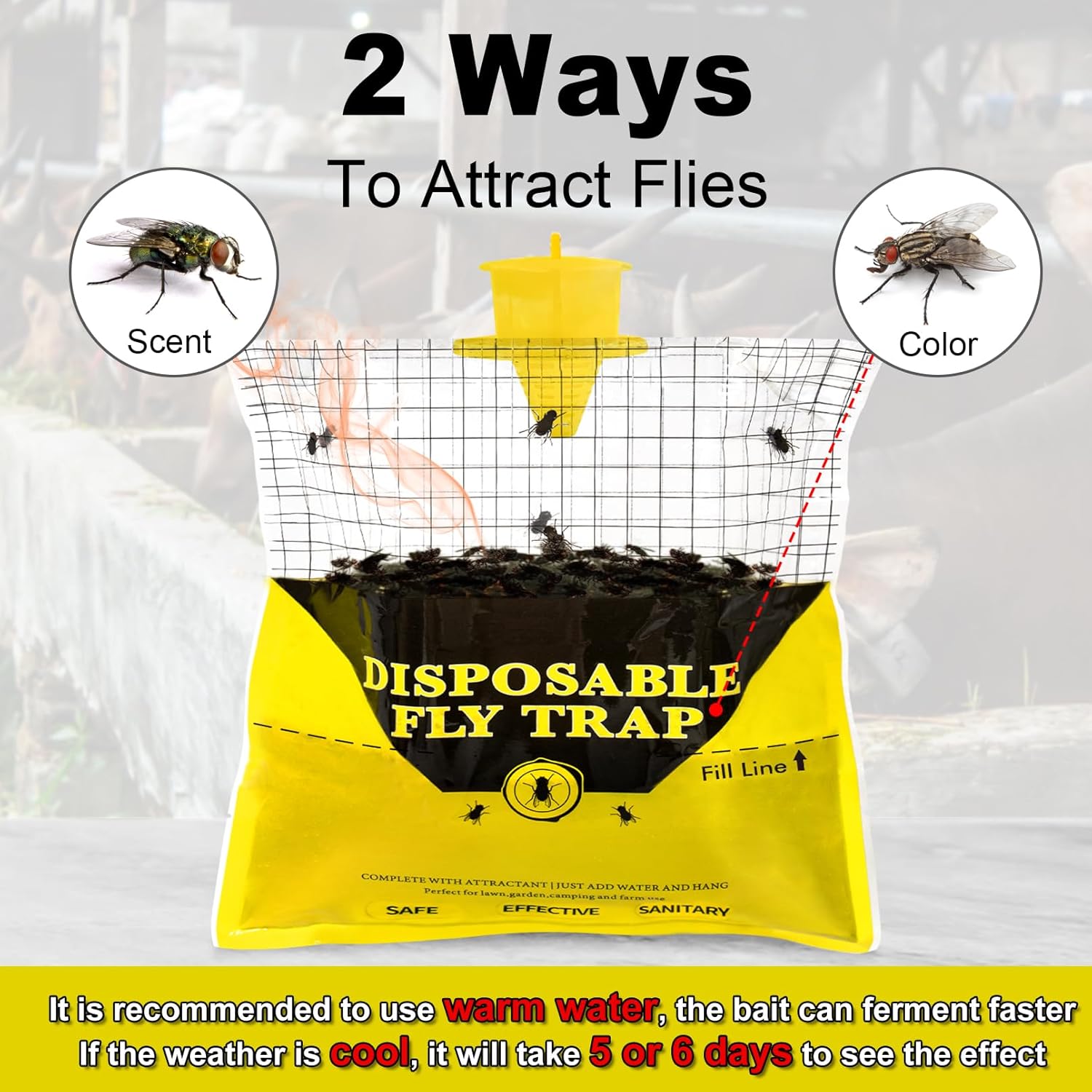 Glovv Fly Traps Outdoor Hanging with Fly Bait, 12 Pack Disposable Bags Hunter Ranch Trap, Flies Control Bug Catcher Killer Repellent for Stable Horse Barn & Farm