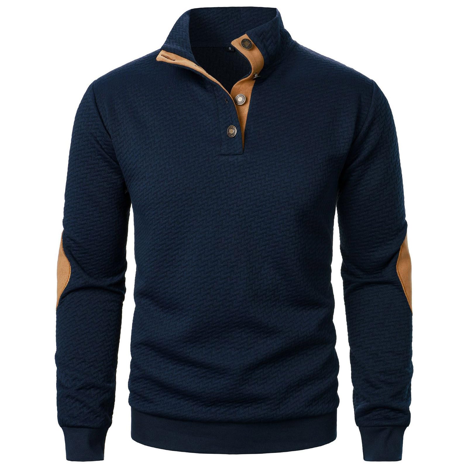 Camiseta Hombres Suéter Cuello soporte Color sólido Estilo botón Mangas largas cuadrados suéter respirable W-020 Navy XX-Large