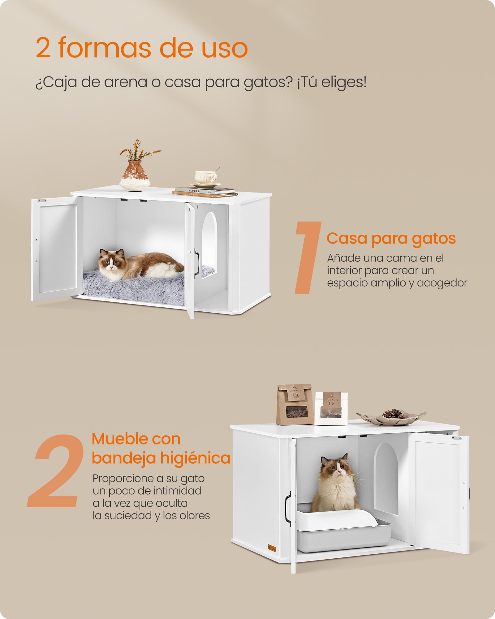 Feandrea Mueble Arenero, Moderno Arenero Oculto, con Entrada Frontal, Puertas Dobles, Asas, Casa para Gatos, Mesa Auxiliar, 85 x 48.5 x 50 cm, Blanco Nube PCL012W01
