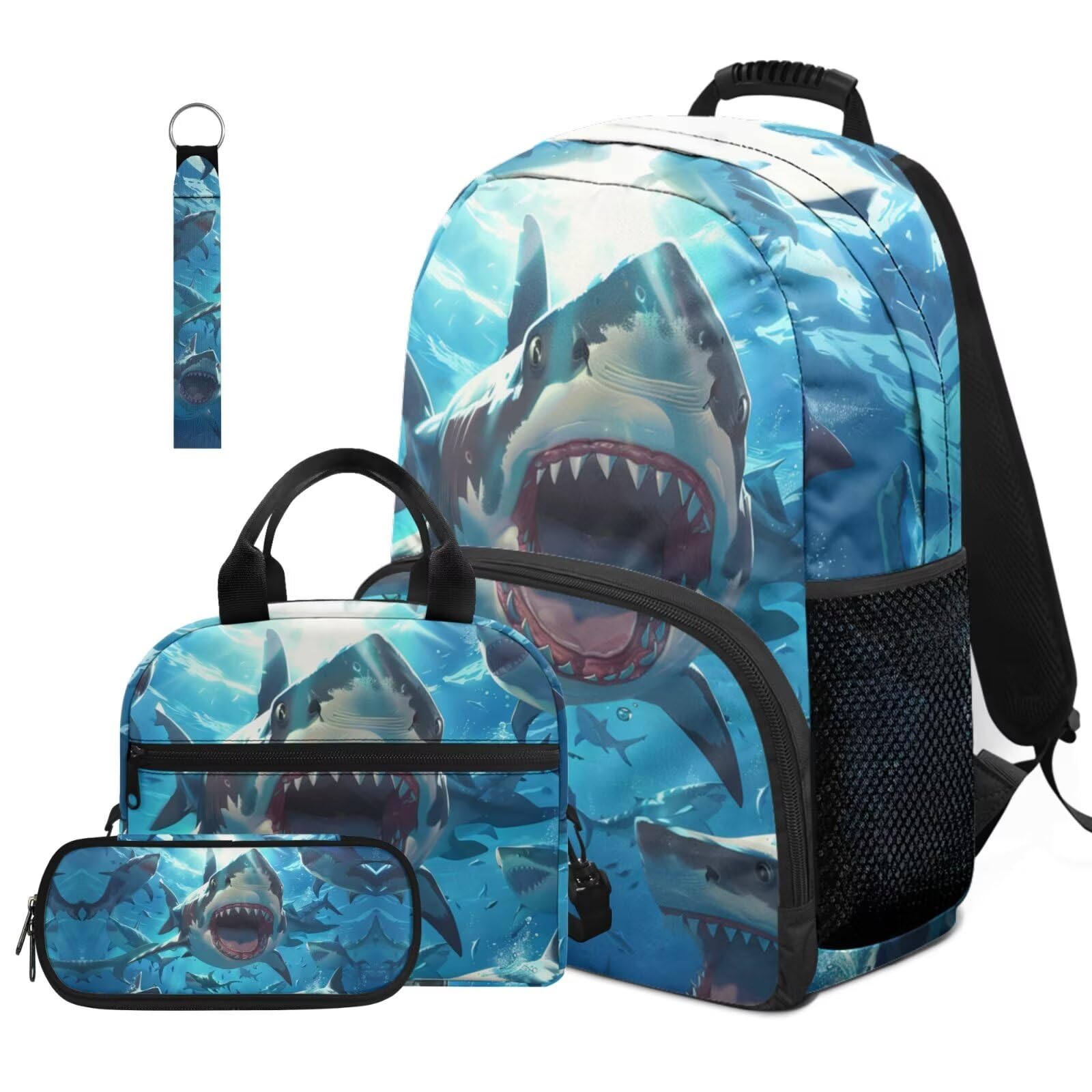 Dolyues Rucksack und Lunchbox-Set für Jungen, 4. Klasse, Schulrucksäcke für Grundschulkinder, Büchertaschen, Alter 8–10 Jahre, 4-teilig, hai, Tagesrucksack