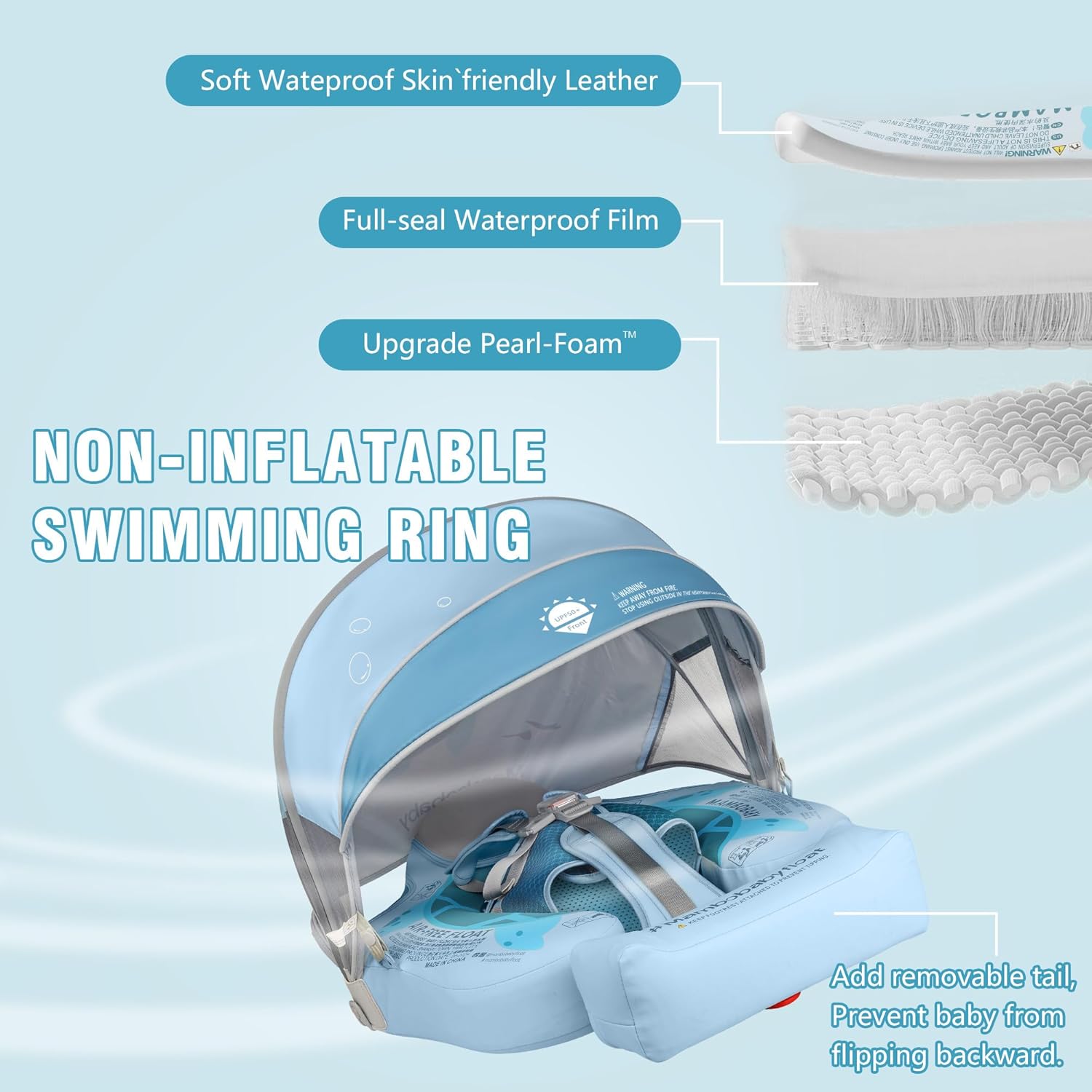 Baby Floats for Pool with Canopy Removable Sun Protection Canopy Mambobaby Float Non Inflatable Upgrade Add Tail Avoid Flip Waterproof Skin-Friendly Infant Swim Float 3-24 Months