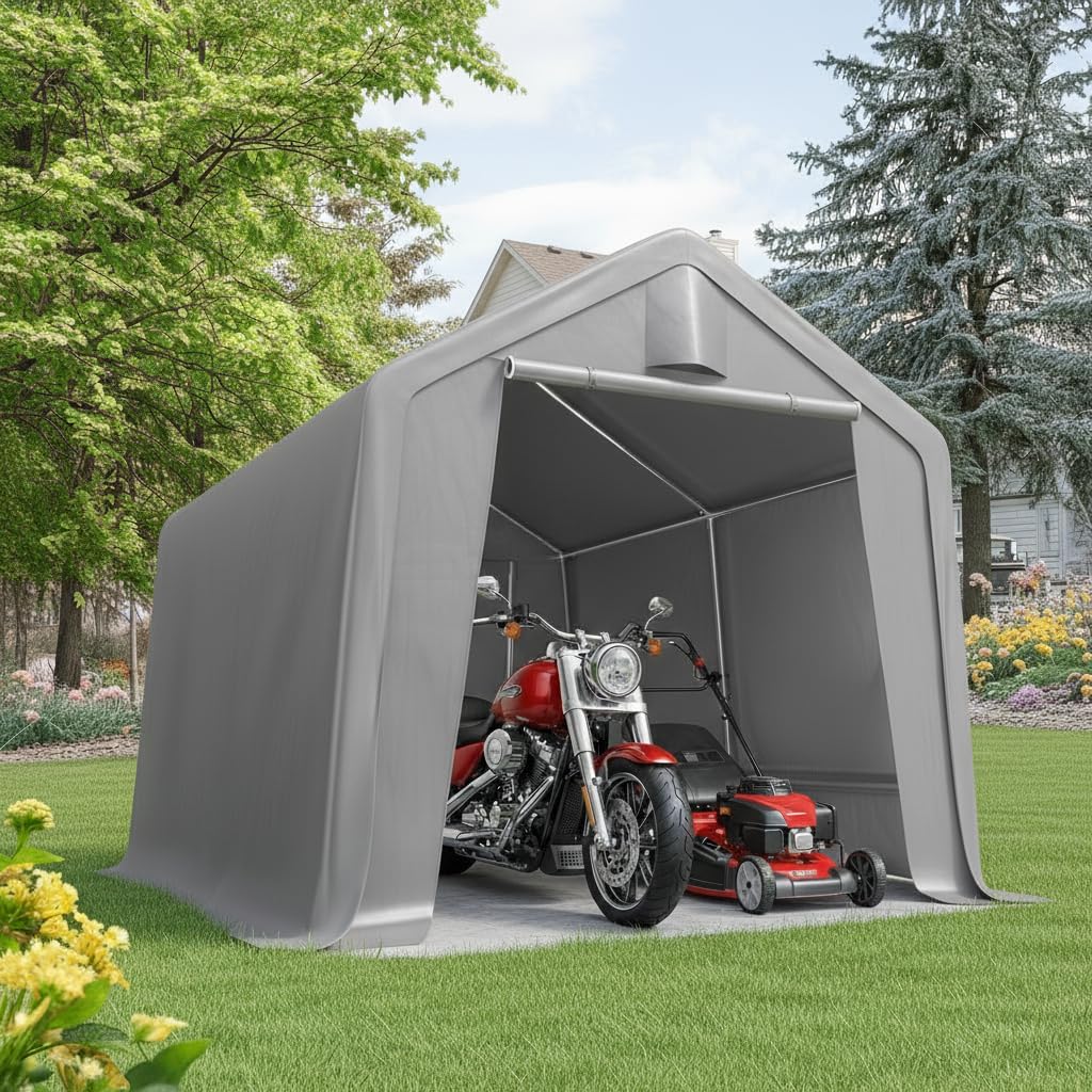 Quictent 8x8FT Outdoor Storage Shed Shelter with Roll-Up Mesh Windows, Heavy Duty Portable Garage for Motorcycle, Bike, Lawn Mower Waterproof Storage Tent with Reinforced Frame,Sliver Gray