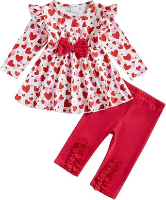 Toddler Baby Girl Valentines Outfit Heart Clover Ruffle Long Sleeve Shirt Tops with Pants Clothes