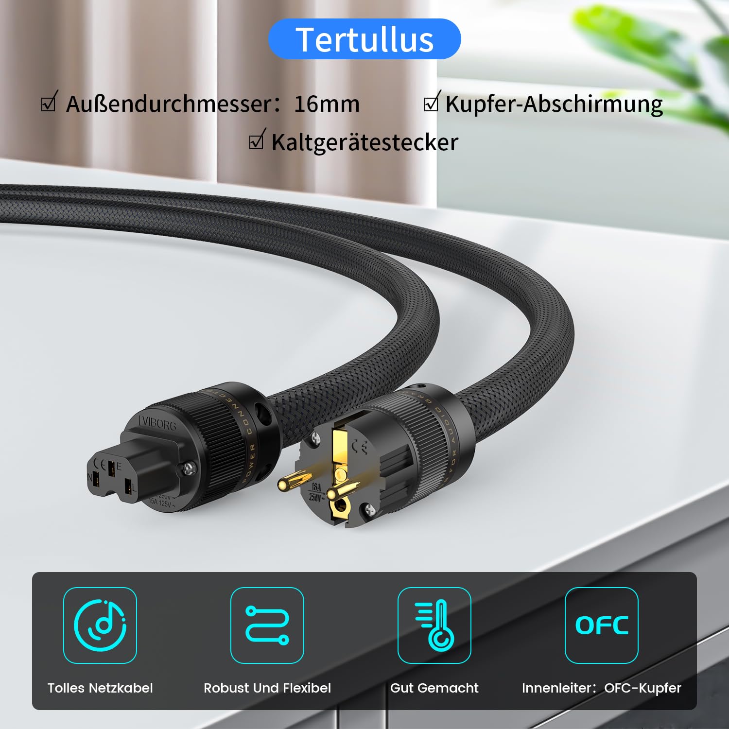 Tertullus HiFi - Cavo di alimentazione High End C15, cavo di alimentazione HiFi audio, con spina Schuko e spina per dispositivi freddi (P104-c15, 2 m)