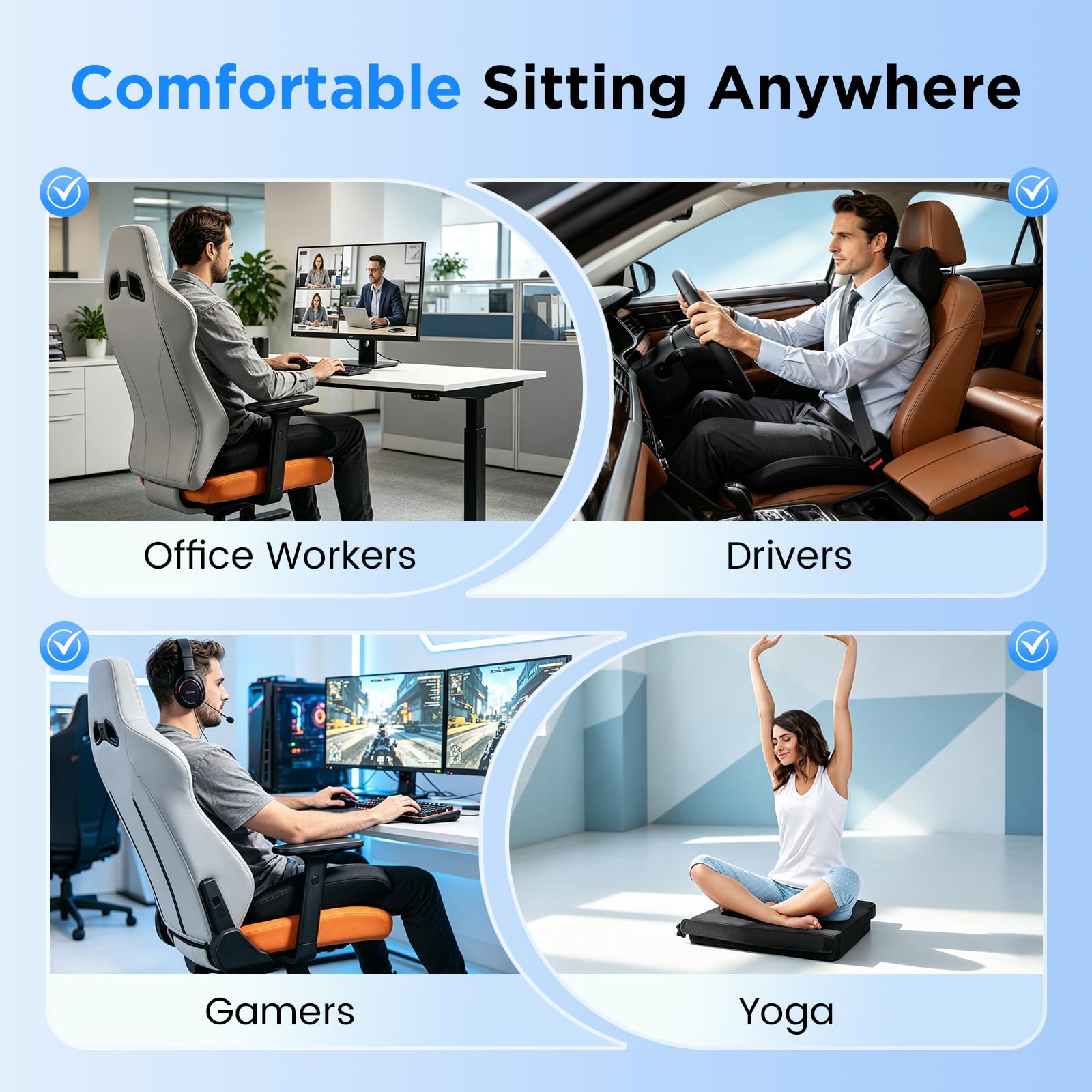 Coussin de Siège Gaming en Mousse à Mémoire de Forme, Coussin Ergonomique pour Voiture et Bureau, Antidérapant avec Housse Amovible, Noir