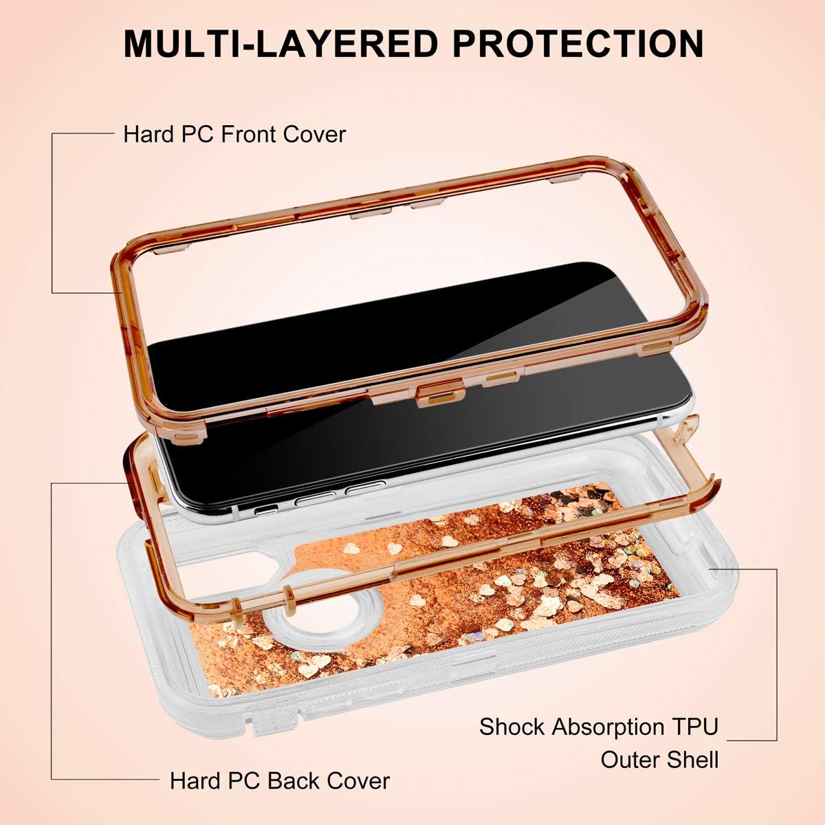 Caka iPhone XR Case, iPhone XR Glitter Case Protective Series Girly Fashion Luxury Bling Flowing Liquid Floating Sparkle Glitter Cute Full Body Rugged Hybrid Bumper Case for iPhone XR (Gold)