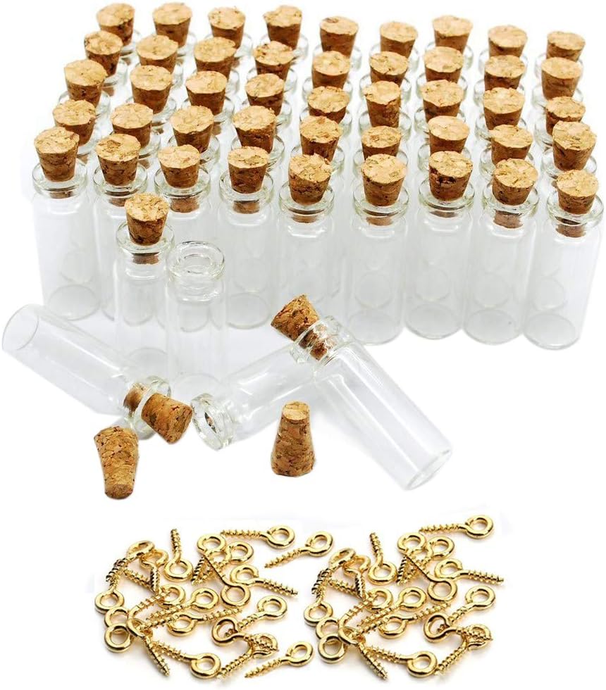 1ML Small Mini Tall Clear Glass Bottles/Jars with Corks Stoppers for Arts & Crafts, Projects, Decoration, Party Favors+ 50 Pcs Gold Metal Eye Hook Pin Screws,50 Pcs