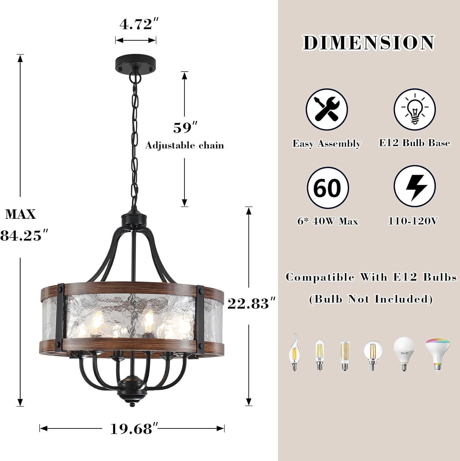19.7" Glass Chandelier for Dining Room, Farmhouse Round Hanging Light Fixtures for Bedroom Foyer Living Room Hallway Foyer