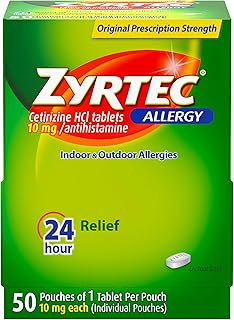 Zyrtec 24 Hour Allergy Relief Tablets, Individually Wrapped Indoor and Outdoor Allergy Medicine with 10 mg Cetirizine HCl per Antihistamine Tablet, 1 Tablet Per Pack, 50 ct Dispensit Pack