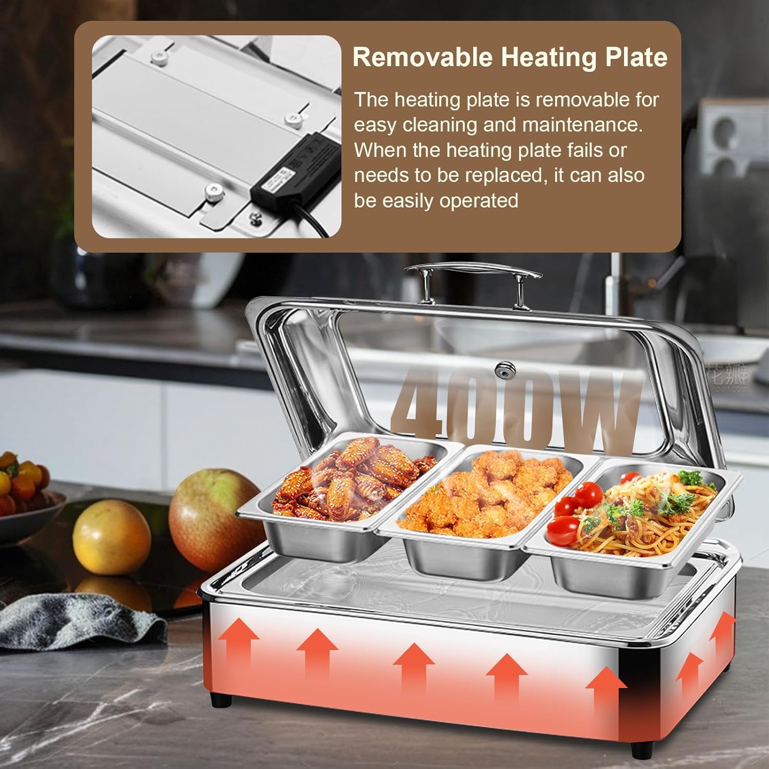Scaldavivande Buffet Elettrico 9L Professionale Acciaio Inox (1) | Chafing Dish Elettrico con Temperatura Regolabile 35-90℃, Vassoio Riscaldante per Alimenti, per Hotel Ristoranti e Catering