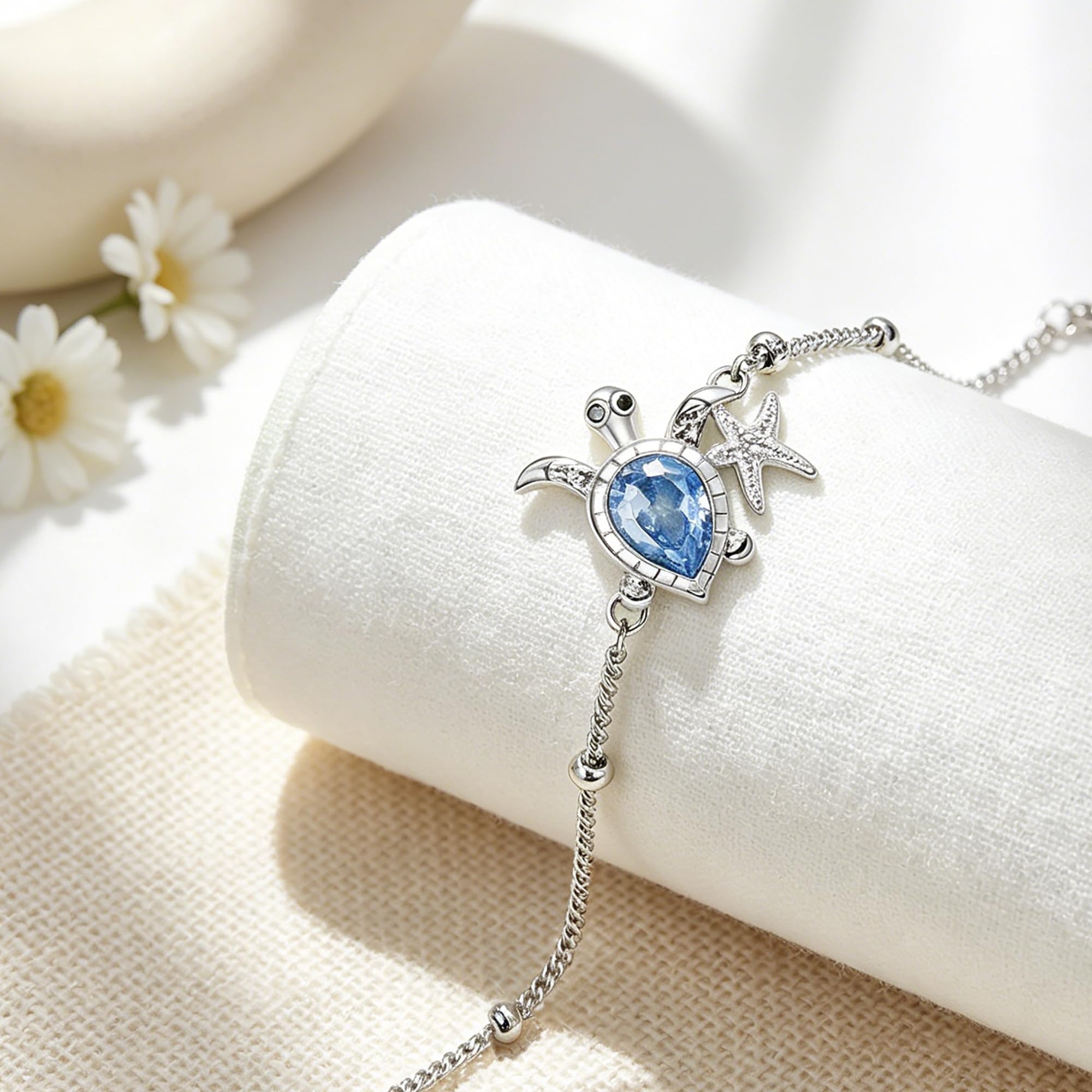 Tortuga Tobillera Pulsera para Mujer Plata de Ley 925 para Estrella Tobillera con Cuentas y Circonita Verano Descalzo Playa Cadena de Pie, Ajustable -22+4cm