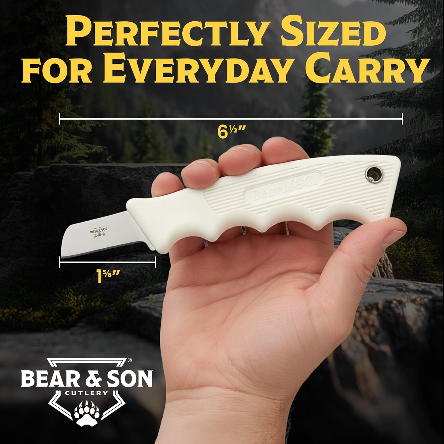 BEAR & SON 6.5" Fixed Blade Utility Knife with Sheath – High Carbon Stainless Steel Blade, White Kraton PowerGrip Handle – Compact Outdoor, Camping, Hunting, Survival, Bushcraft & EDC Knife Tool