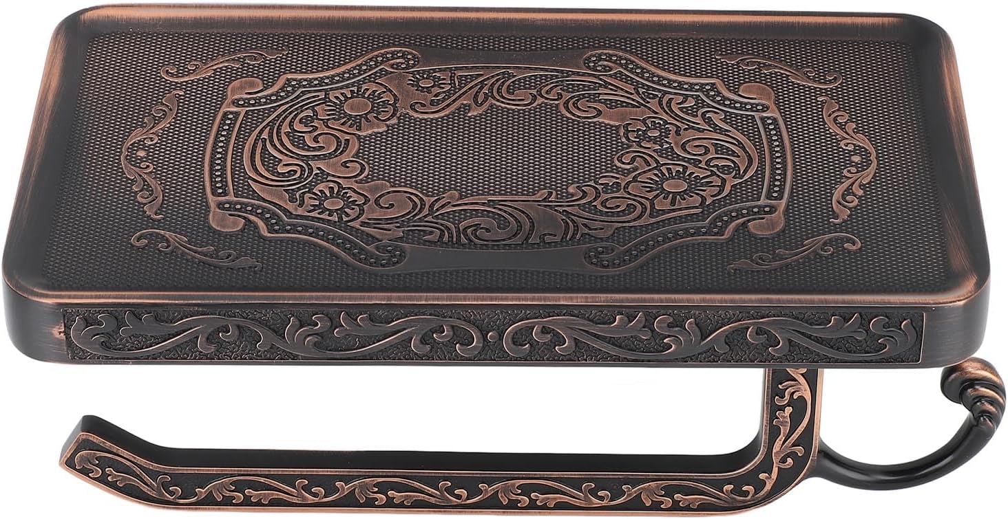 Retro Zinc Alloy Toilet Paper Holder with Shelf, Multipurpose Double Layer Bathroom Tissue Holder with Phone Shelf, Elegant and Space Saving Design (A2)