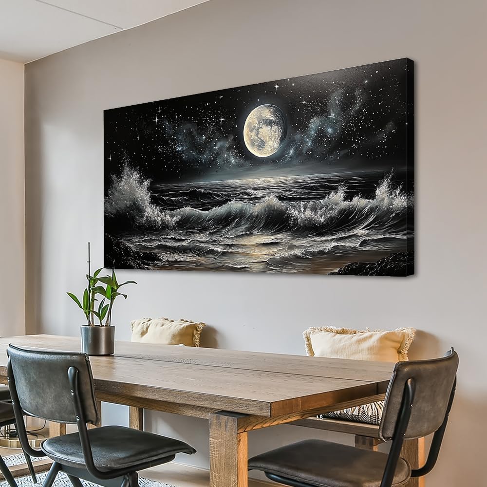 Starry Night Full Moon on Sea Canvas Wall Art Black and White Stars Ocean Waves Beach Scene Pictures Prints Modern Landscape Painting Artwork for Living Room Bedroom Coastal Home Decor 23" x 46"